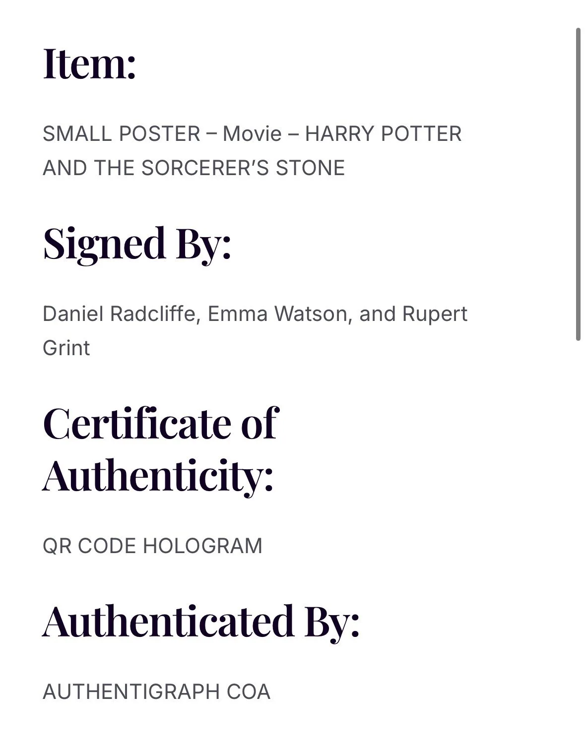 Daniel Radcliffe, Emma Watson, Rupert Grint — Harry Potter Triple Signed Poster Radcliffe Watson Grint COA, image 2
