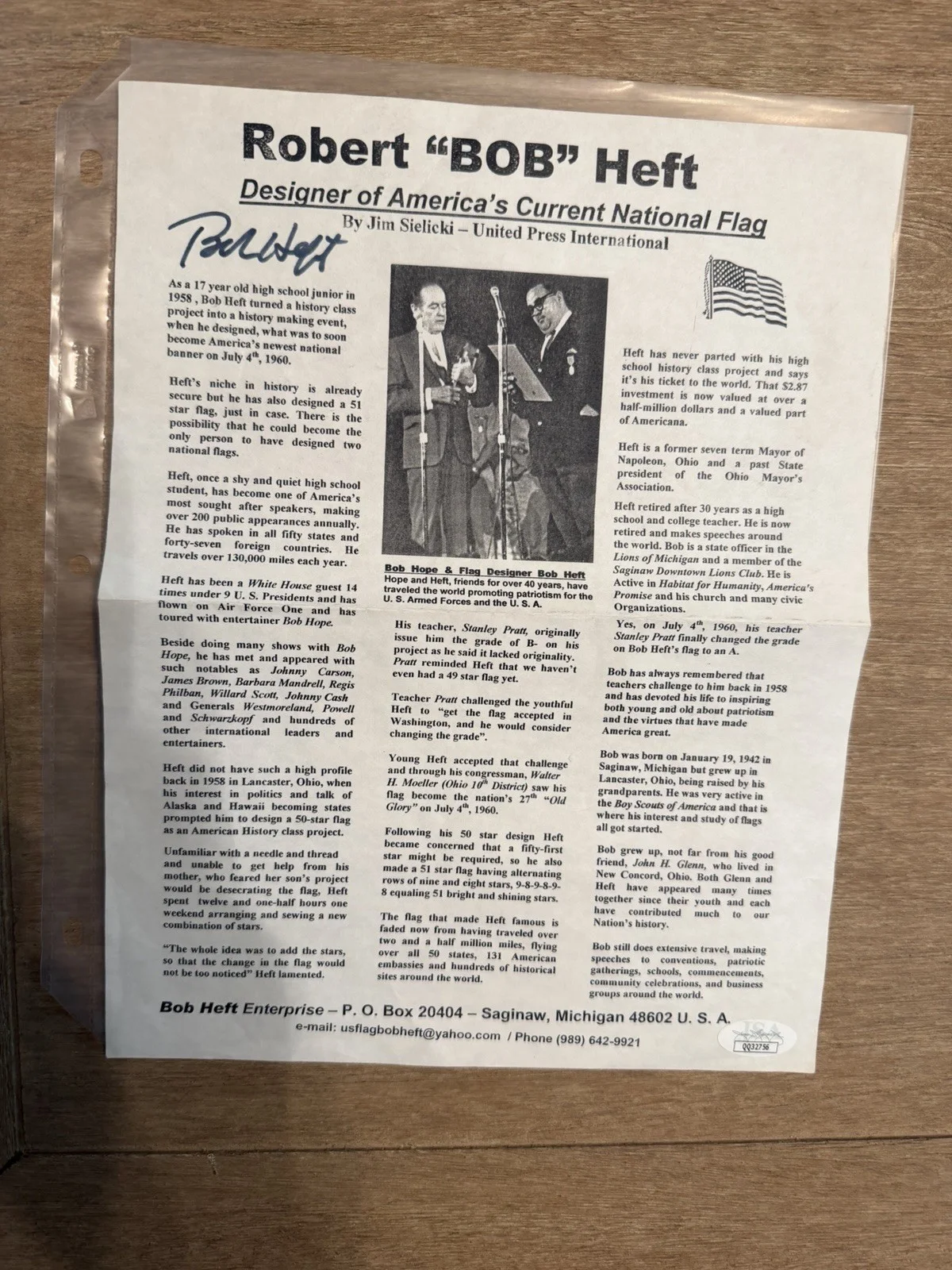 Robert Heft — Robert “Bob” Heft Signed Bio Sheet Autographed US Flag Designer JSA AUTHENTIC, image 3