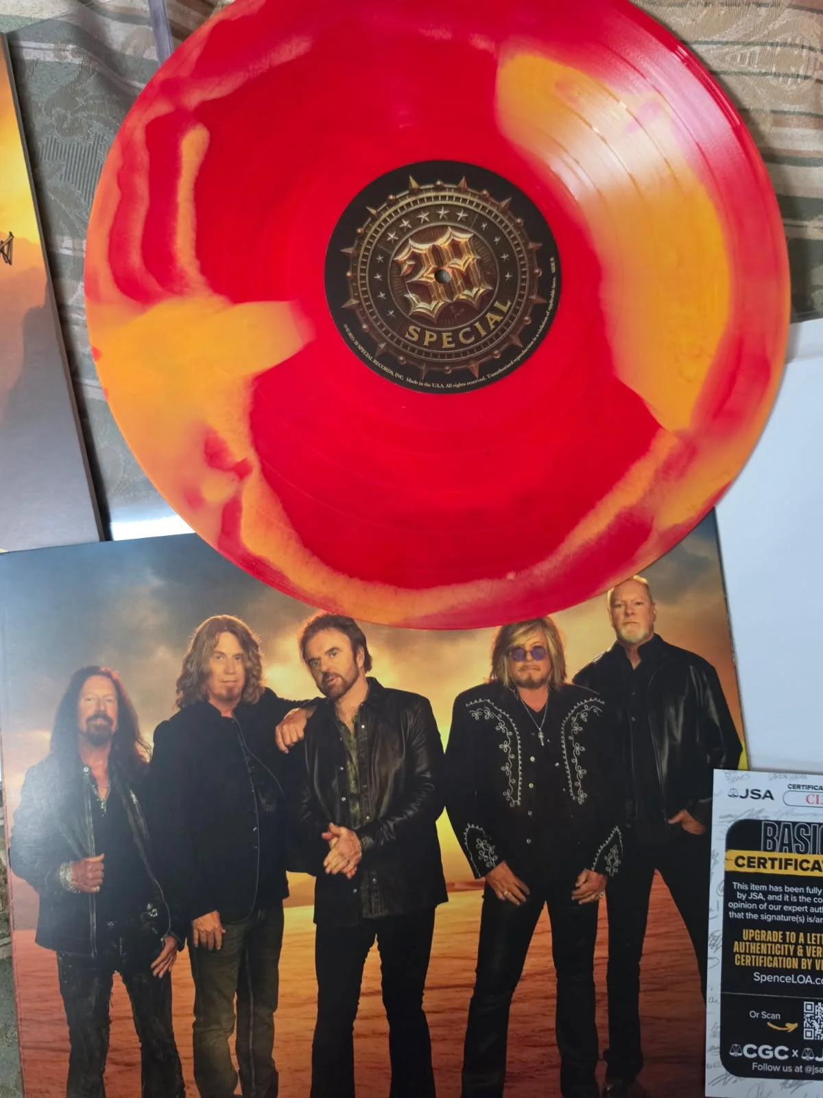 Don Barnes 38 Special Signed Milestone 5 signatures Orange/Red LP JSA cert, image 4