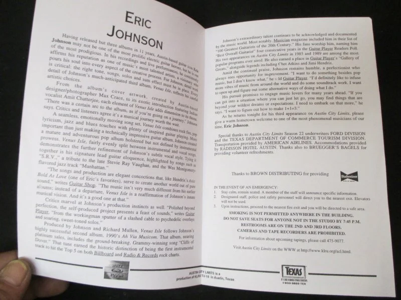 Eric Johnson Austin City Limits 22nd Season Program, image 3