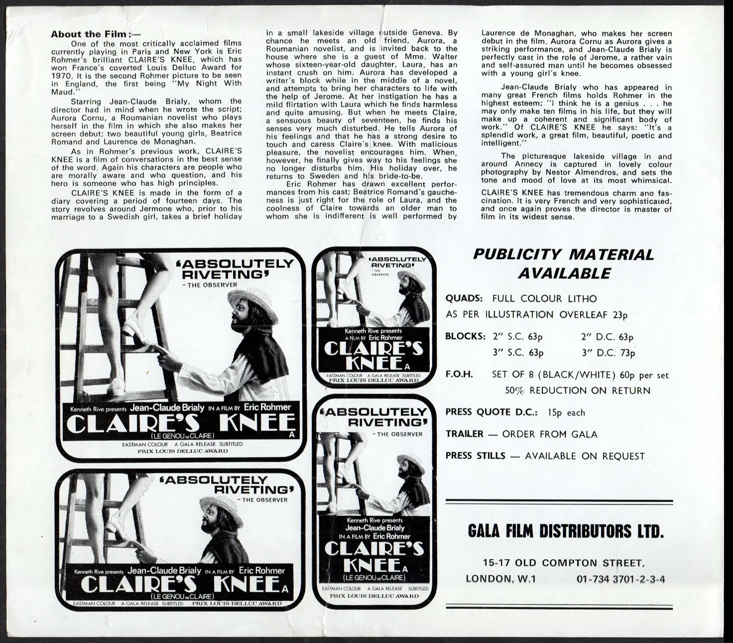 CLAIRE'S KNEE 1970 Eric Rohmer Jean-Claude Brialy, Aurora Cornu UK PRESS SHEET, image 2