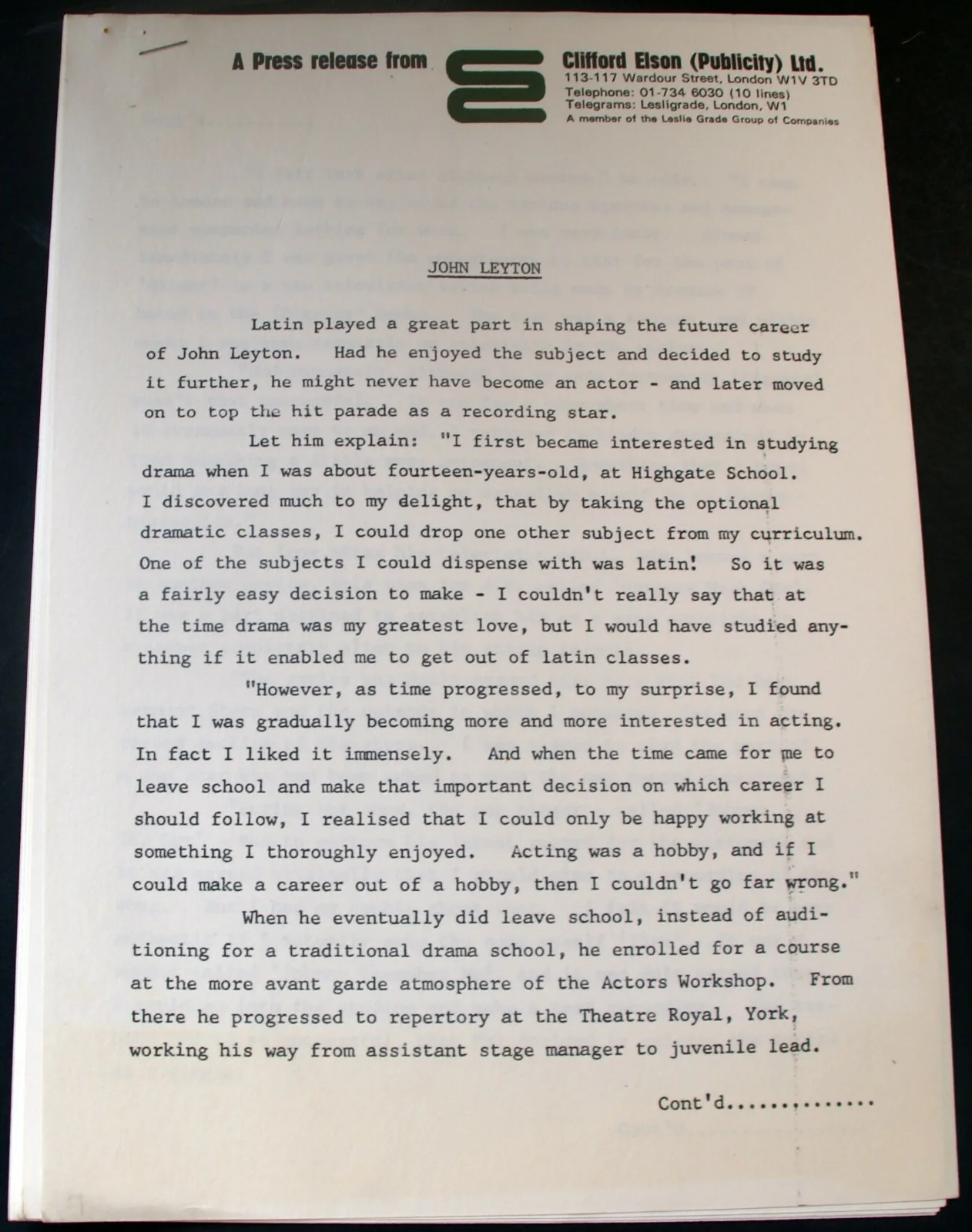 John Leyton Actor Singer Press Release Official January 1973, image 2