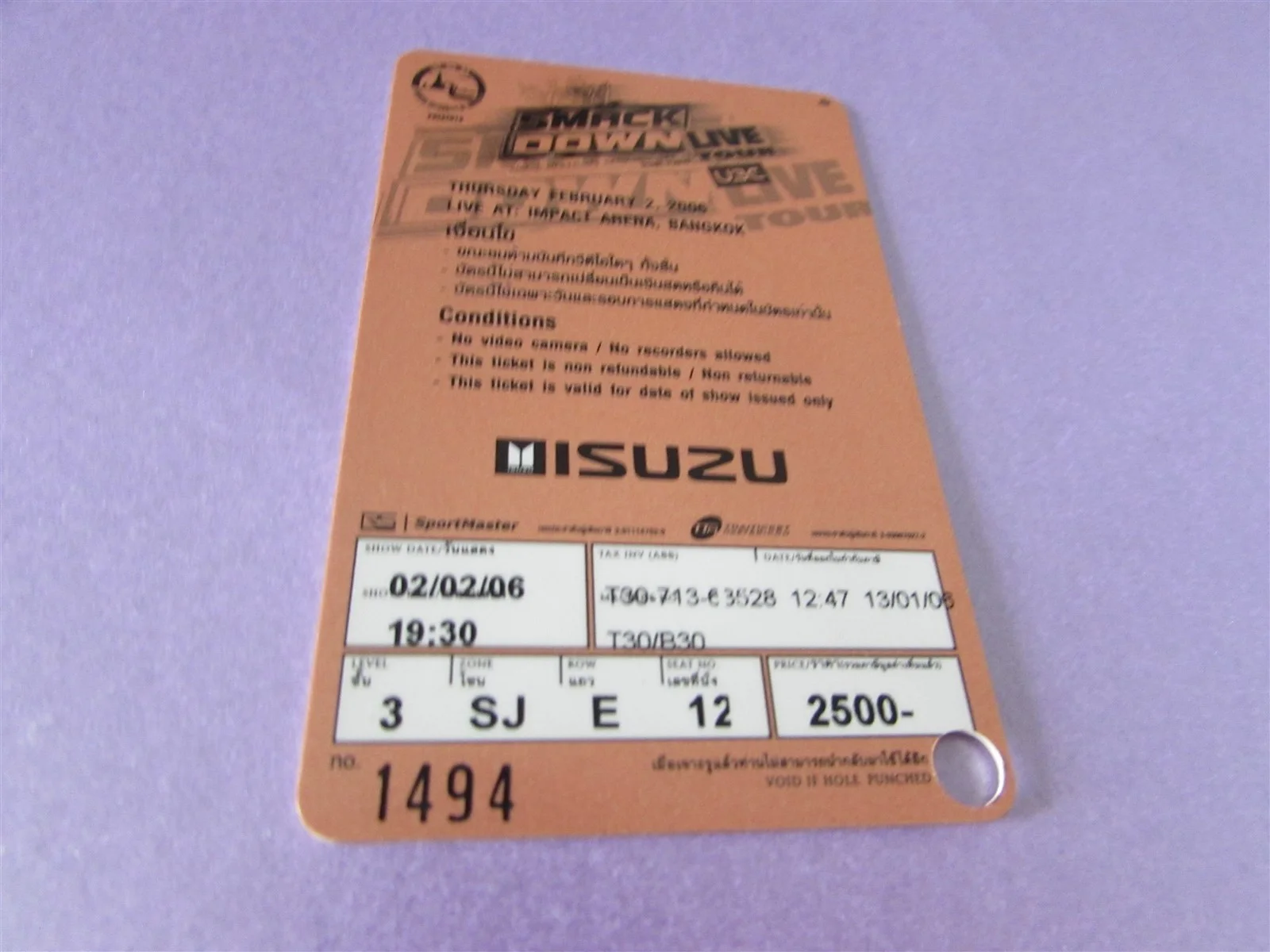 WW SMACK DOWN WRESTLING USED MAGNETIC TICKET FROM THAILAND, изображение 2