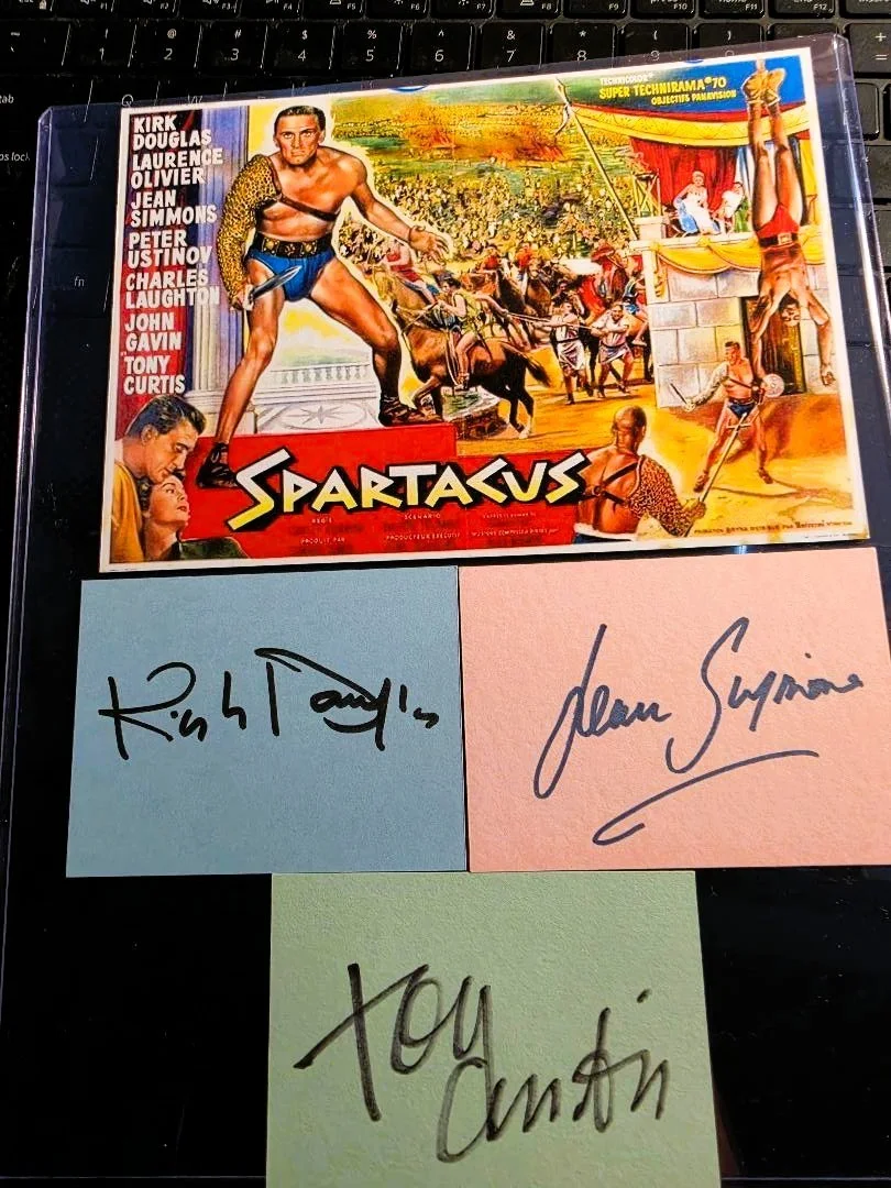 KIRK DOUGLAS, Tony Curtis, JEAN SIMMONS — SPARTACUS cast signed KIRK DOUGLAS, Tony Curtis, JEAN SIMMONS with flyer COA