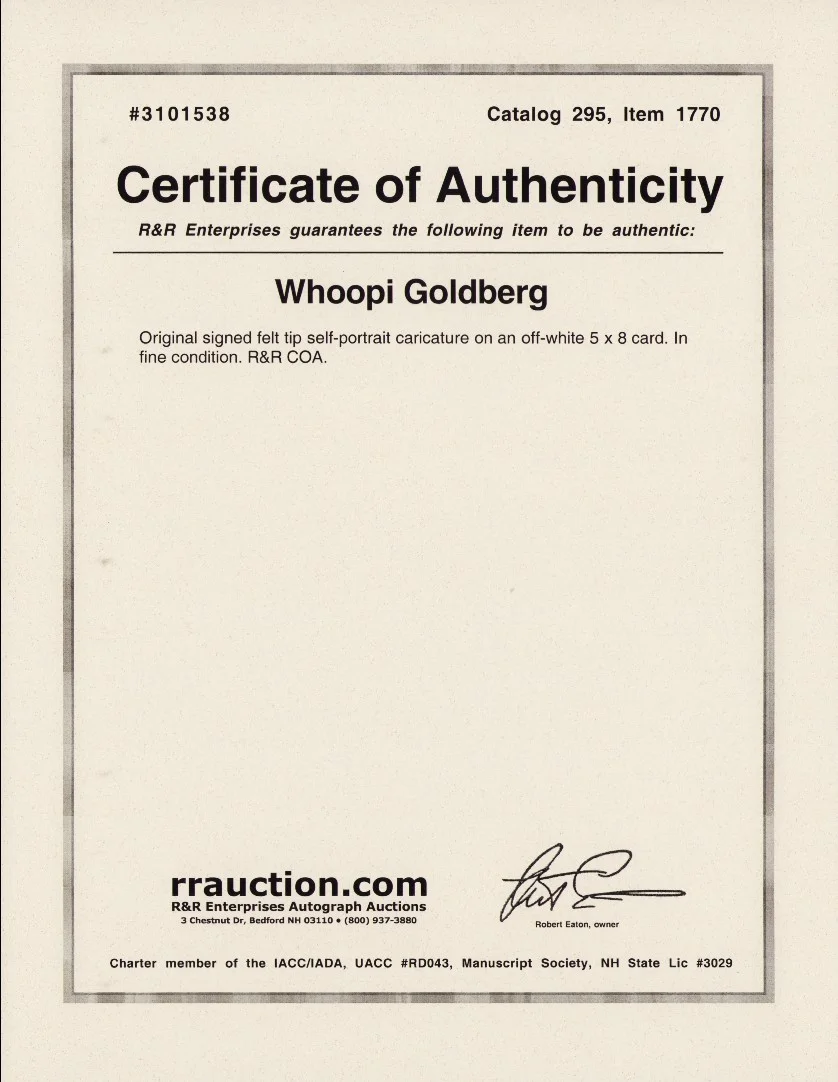 WHOOPI GOLDBERG — WHOOPI GOLDBERG Signed Original Sketch Art 1991 Self Portrait RR AUCTION COA, изображение 4