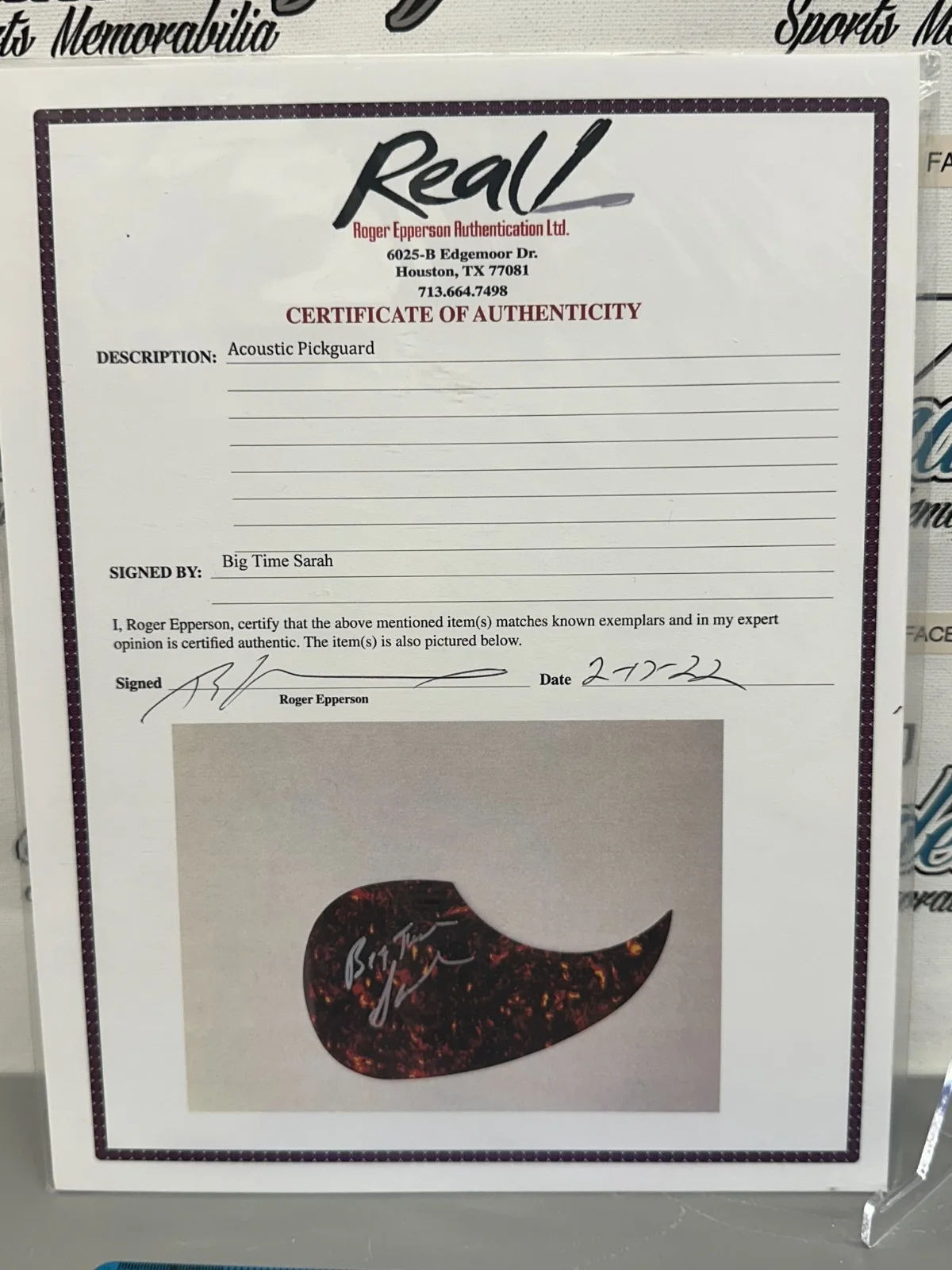 BIG TIME SARAH SIGNED AUTOGRAPHED TEARDROP GUITAR PICK GUARD-EPPERSON COA, image 3