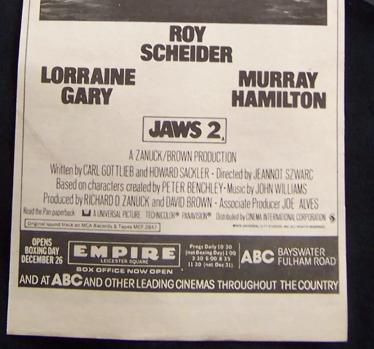 JAWS 2 FILM MOVIE ROY SCHEIDER 1978 ORIGINAL VINTAGE ADVERT, image 2