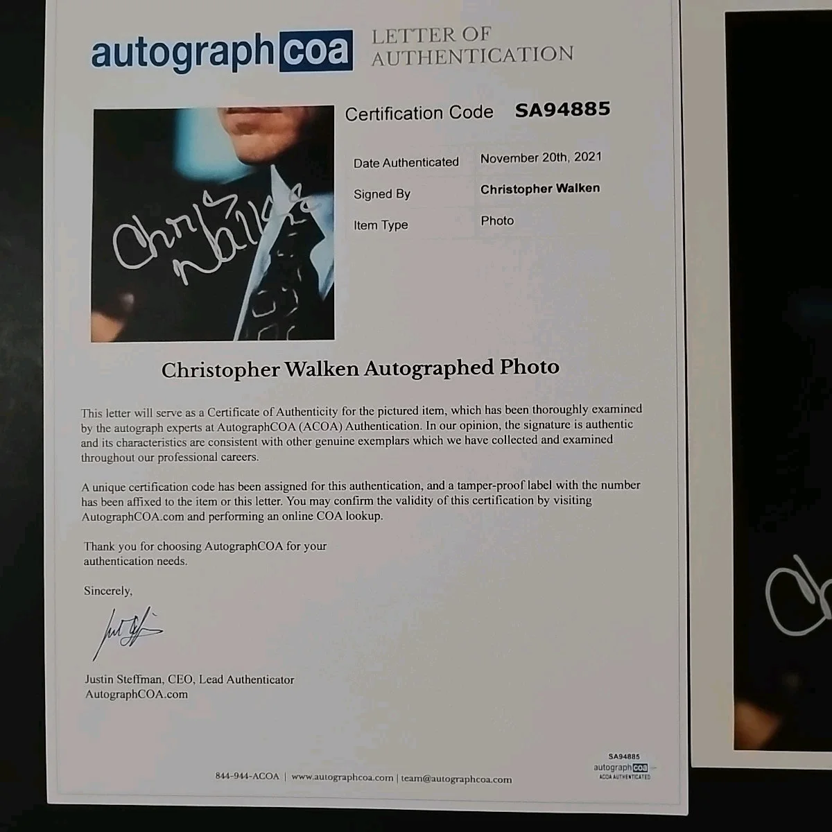 Christopher Walken — Christopher Walken Autographed ACOA LOA Signed 8x10 Full Signature, image 3