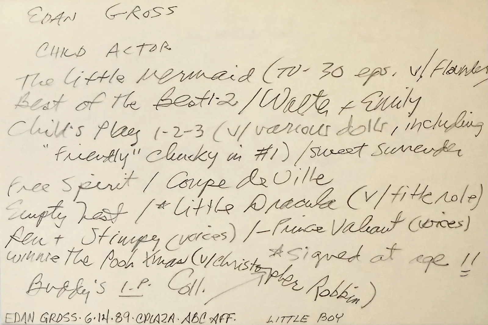 Edan Gross — EDAN GROSS Autograph Signed 4x6 INDEX CARD Little Dracula CHILD'S PLAY 2 AGE 11, image 2