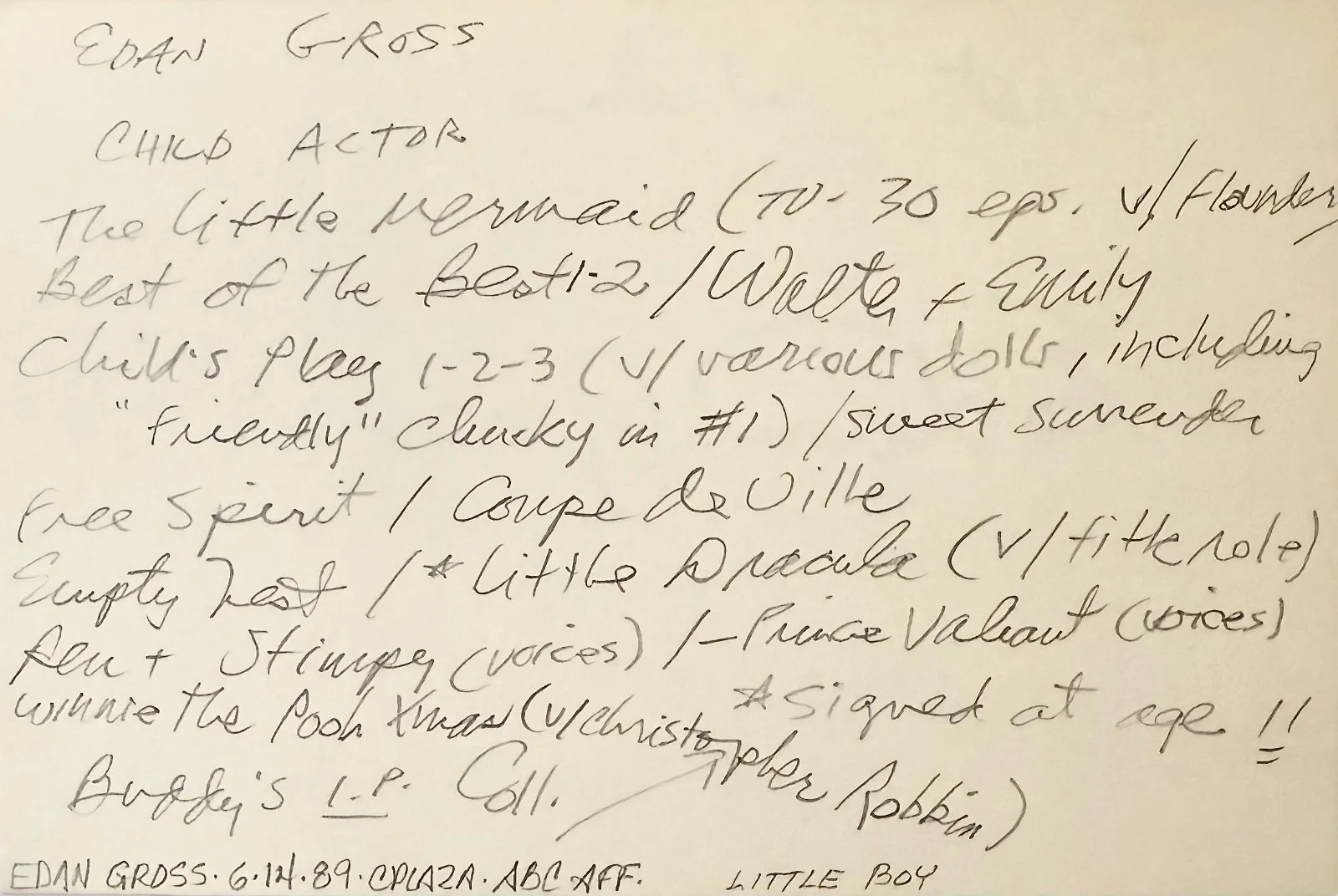 Edan Gross — EDAN GROSS Autograph Signed 4x6 INDEX CARD Little Dracula CHILD'S PLAY 2 AGE 11, image 4