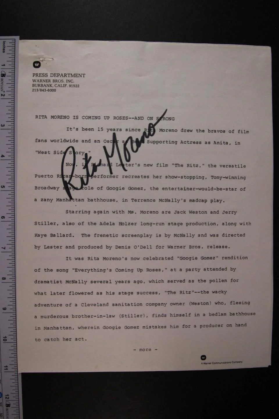 Rita Moreno — RITA MORENO (SINGIN' IN THE RAIN~WET SIDE STORY) AUTOGRAPH PRESS SHEET~