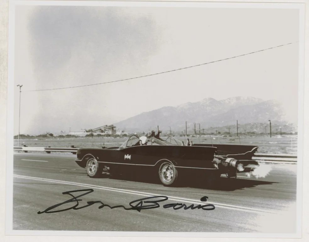 George Barris — George Barris SIGNED Batman Batmobile Photo / Adam West & Burt Ward TV Show