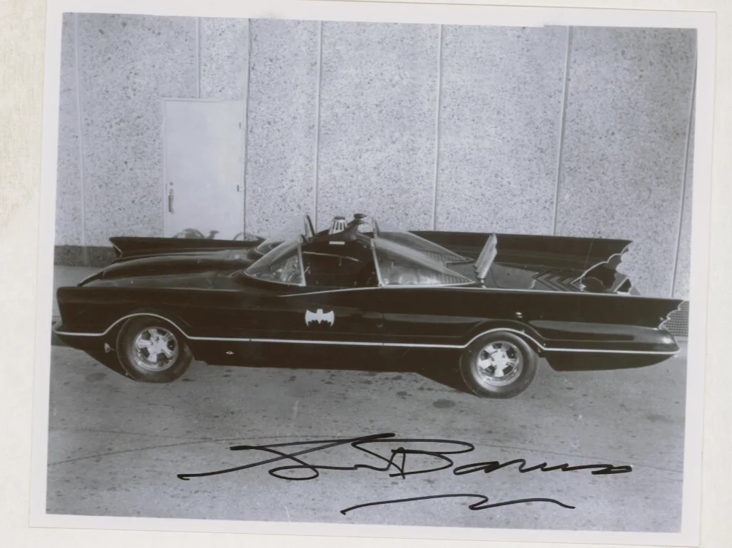 George Barris — George Barris SIGNED Batman Batmobile Photo / Adam West & Burt Ward TV Show