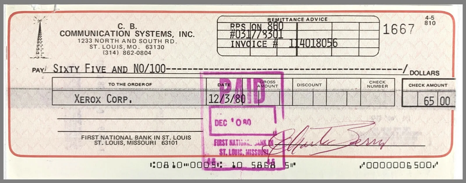 Chuck Berry RARE Signed Business Bank Check Beckett COA BAS PSA JSA ., image 2