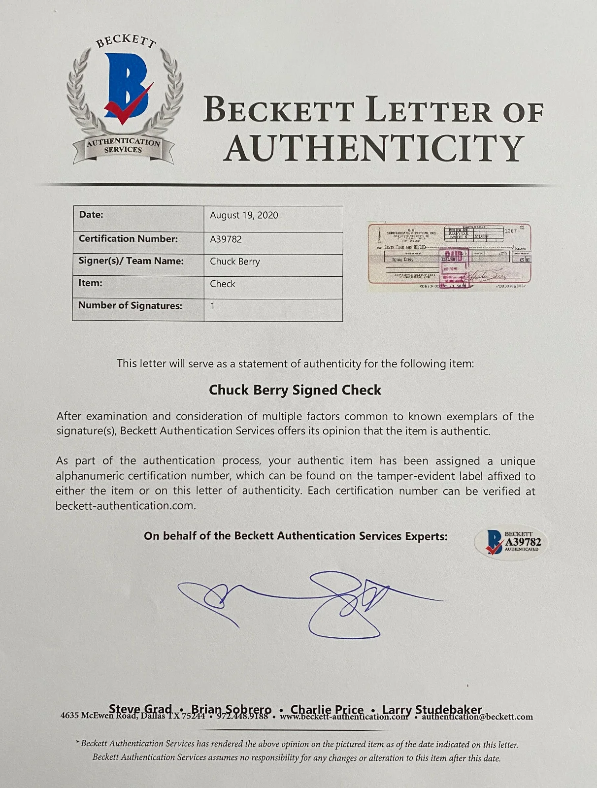 Chuck Berry RARE Signed Business Bank Check Beckett COA BAS PSA JSA ., image 4