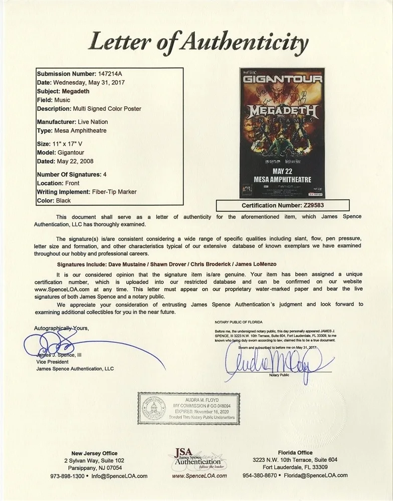 Megadeth 2008 concert tour signed x4 limited edt. autographed GIG poster w/ JSA, image 2