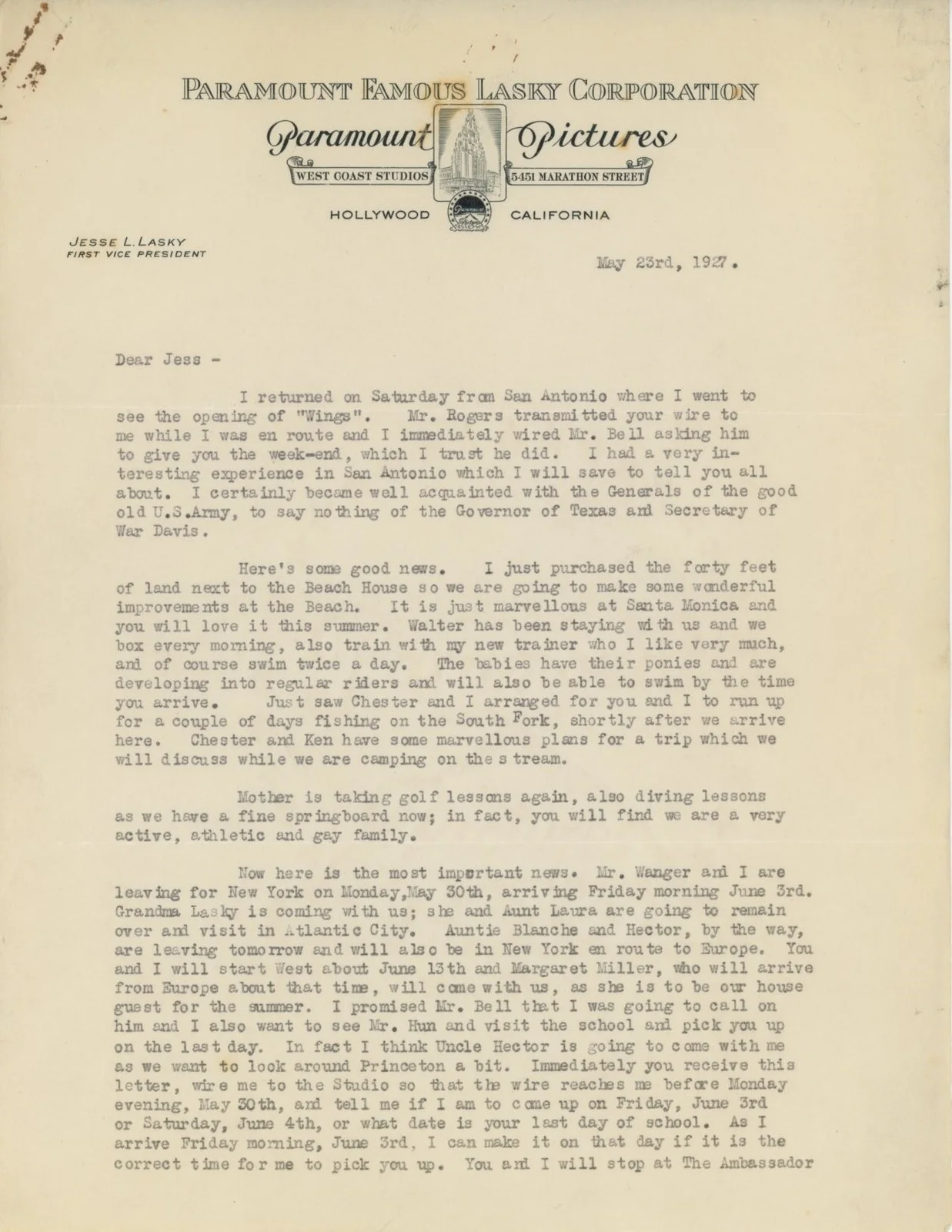 Jesse Lasky Sr. - Film Pioneer Autographed 1927 Letter to Writer Son Jesse Jr., изображение 2