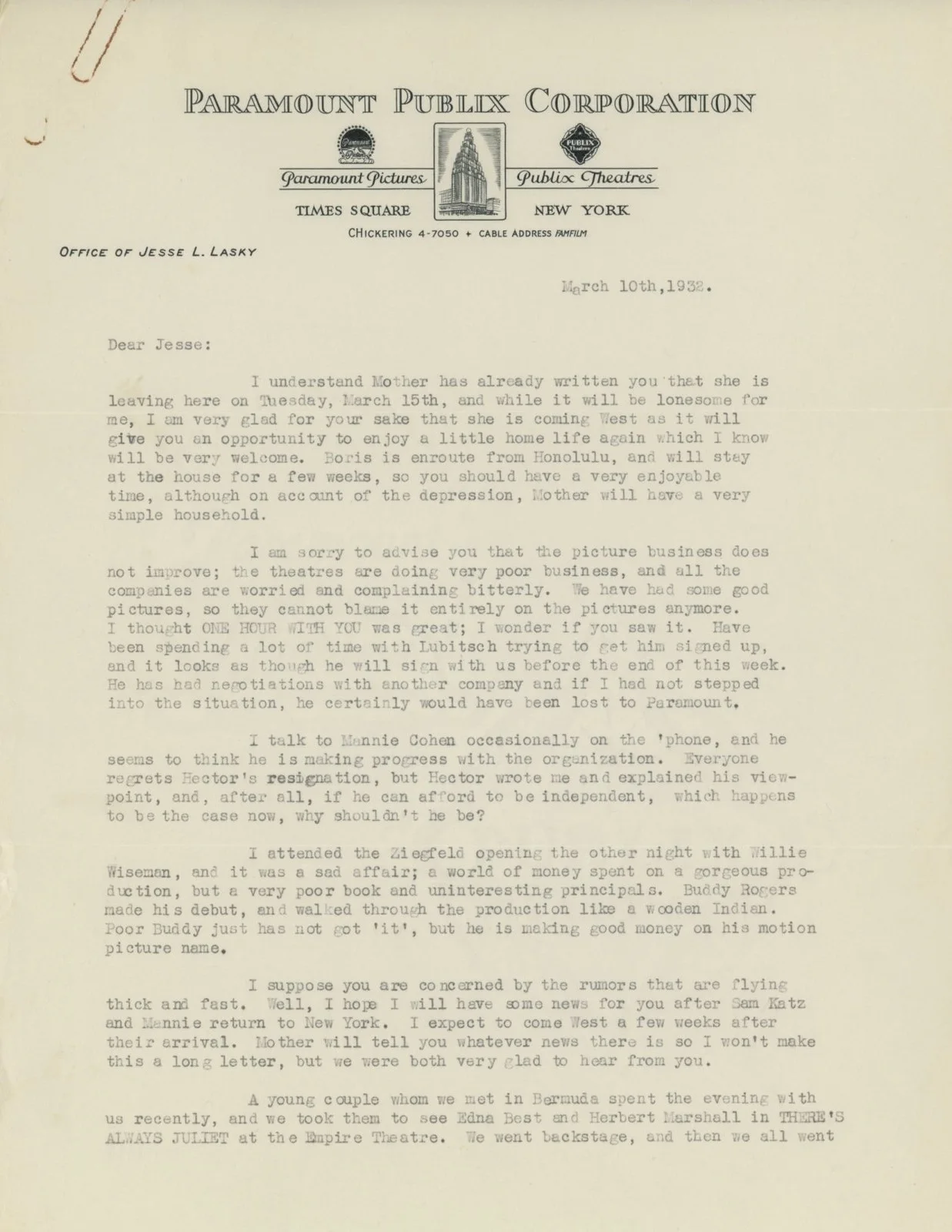 Jesse Lasky Sr. - Film Pioneer Autographed 1932 Letter to Writer Son Jesse Jr., изображение 2
