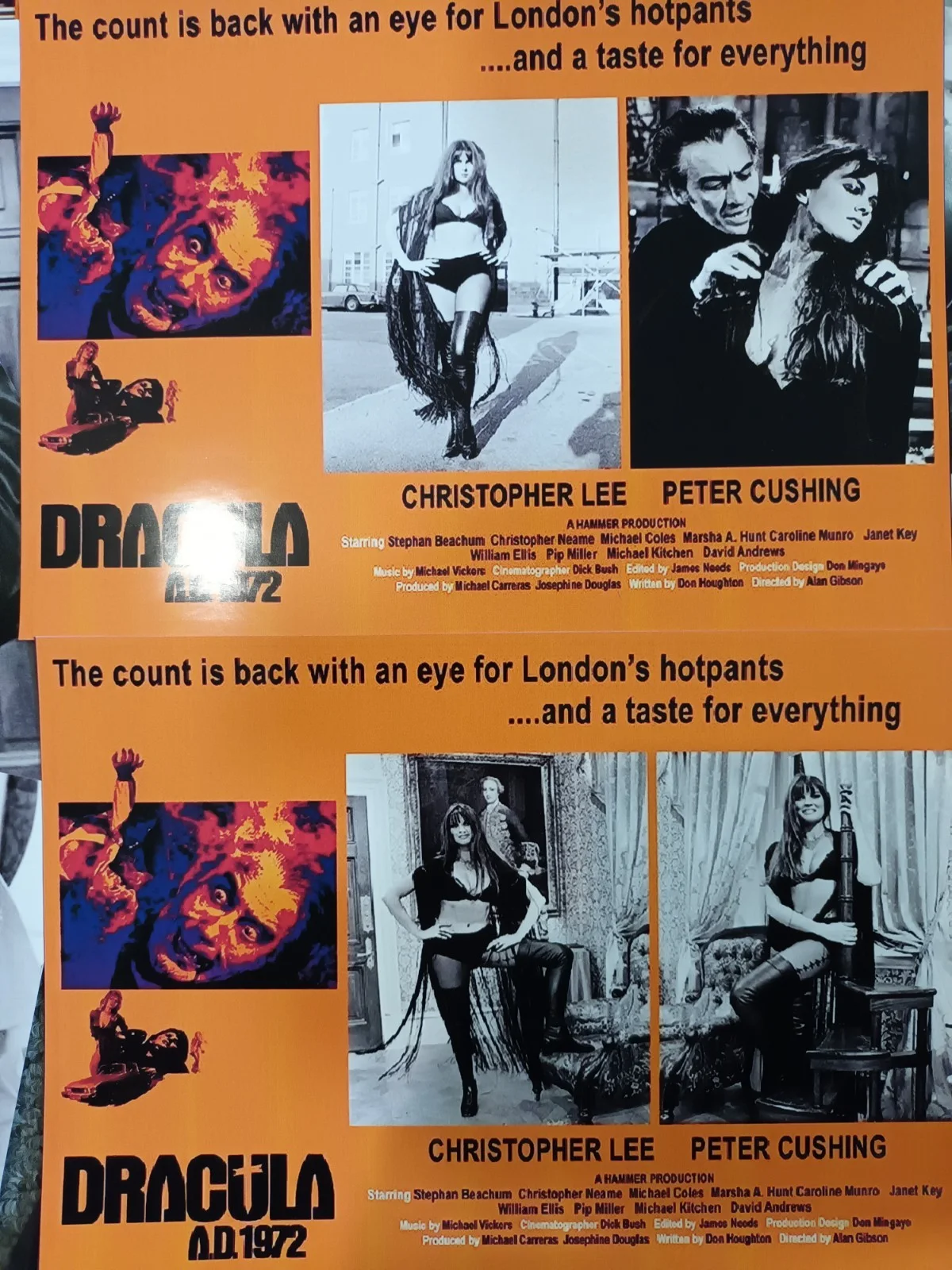Dracula 1972AD (HammerHorror). 6 rare glossy 10x8ins Lobby Cards/4 Art cards.New, изображение 5