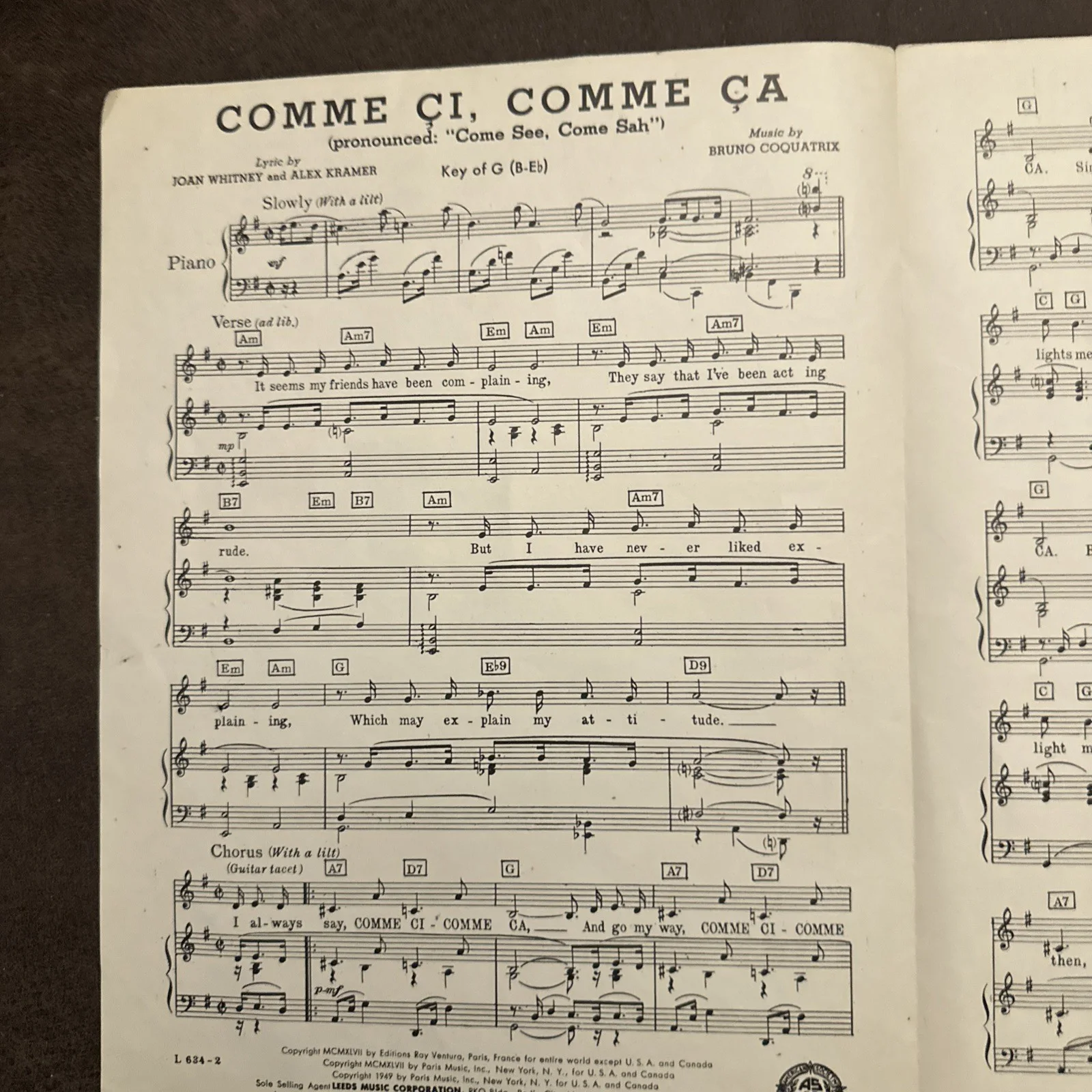 Frank Sinatra Autographed sheet Music Comme Ci, Comme Ca Signed In Black Ink ￼￼, image 2
