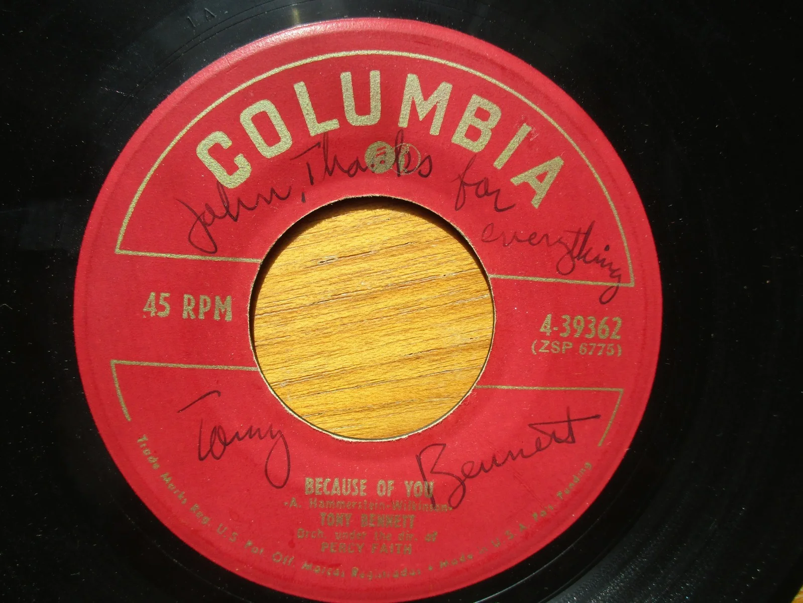 Signed/Inscribed 45 RPM Tony Bennett 4-39362 From John Gilliland Estate, изображение 2