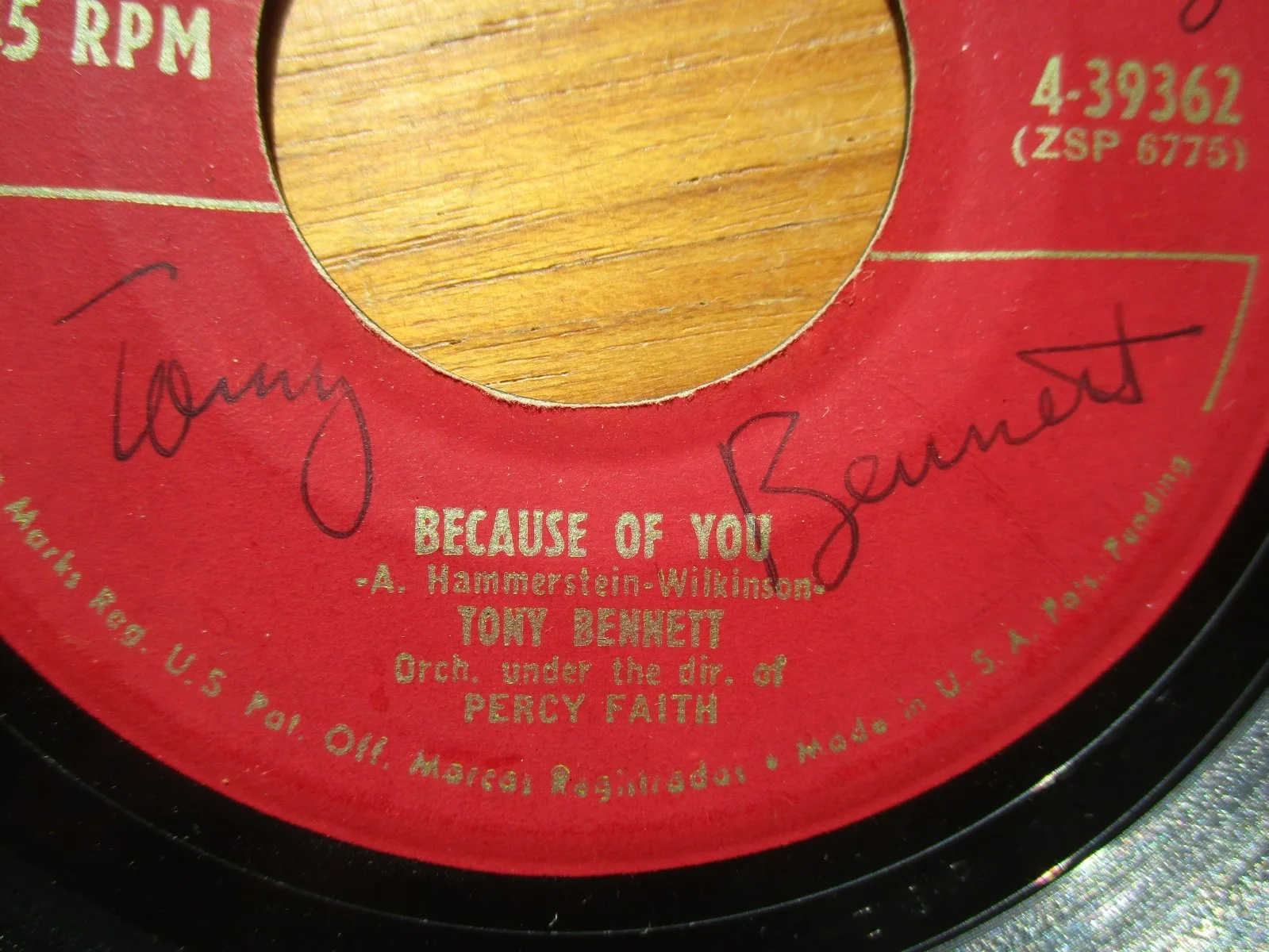 Signed/Inscribed 45 RPM Tony Bennett 4-39362 From John Gilliland Estate, изображение 4