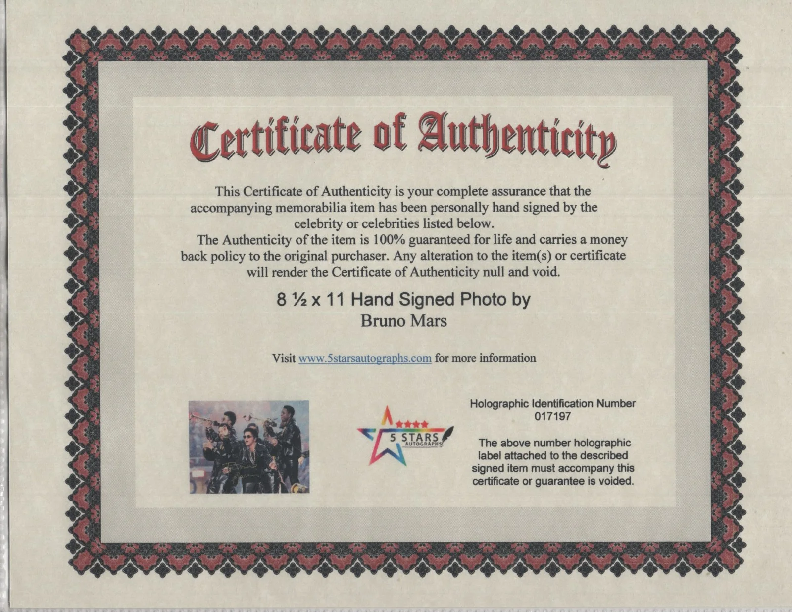 BRUNO MARS AUTOGRAPHED 8 1/2 X 11 PHOTO / COA, image 2