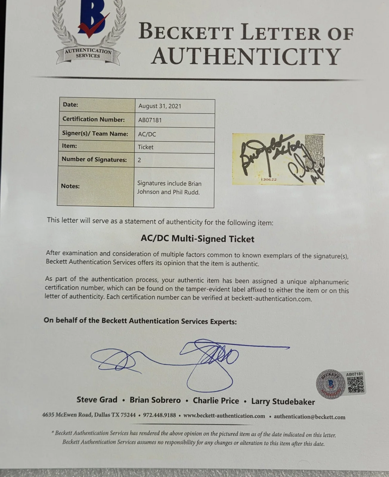 AC/DC SIGNED PHOTO BECKETT LOA BAS COA FULL LETTERS AUTOGRAPHED BAND, image 3