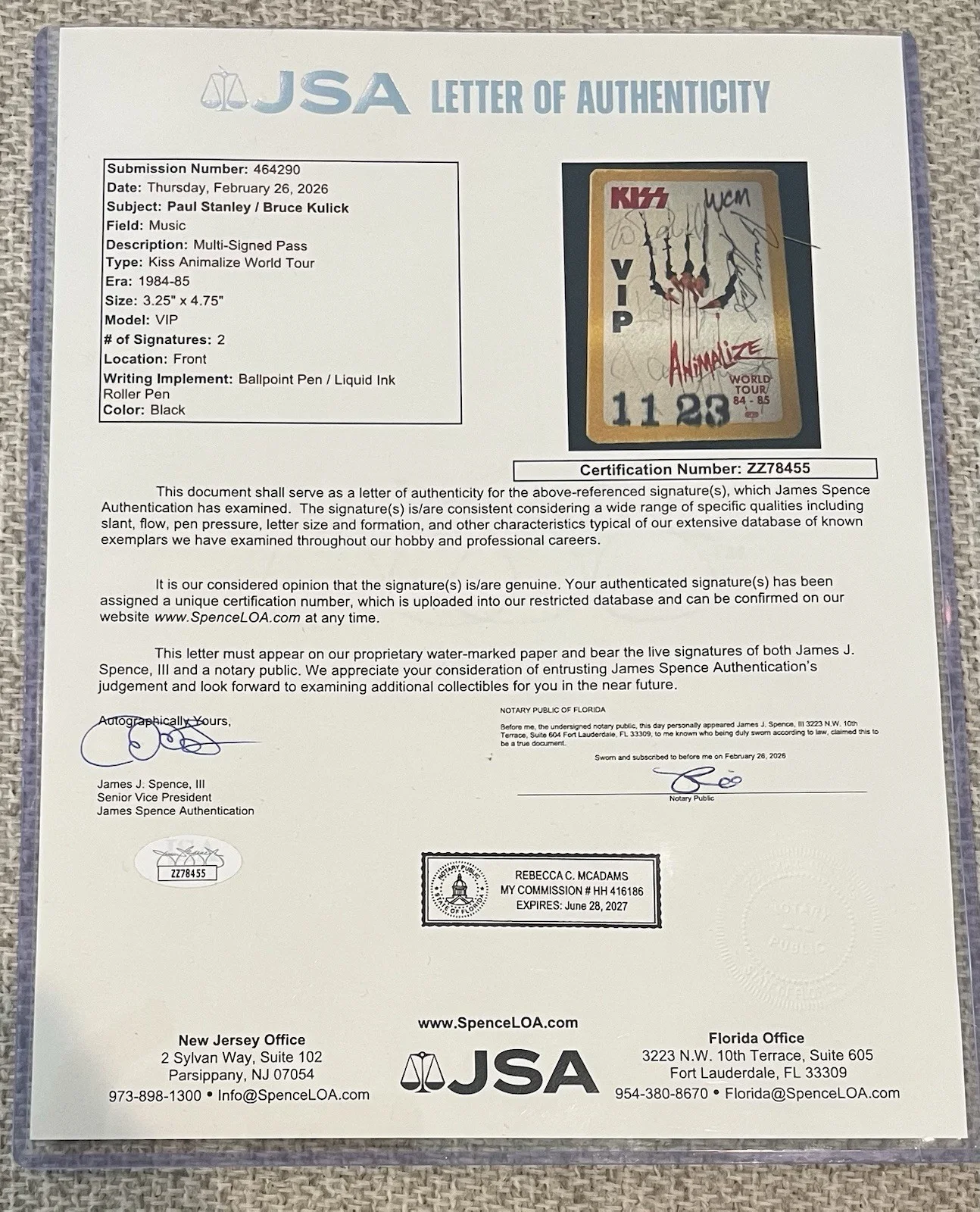 Paul Stanley & Bruce Kulick KISS Period Signed 1984-85 VIP Pass Autograph JSA, image 4