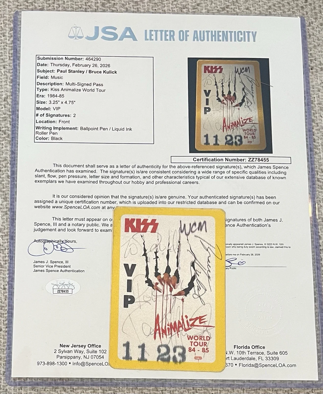 Paul Stanley & Bruce Kulick KISS Period Signed 1984-85 VIP Pass Autograph JSA, image 5