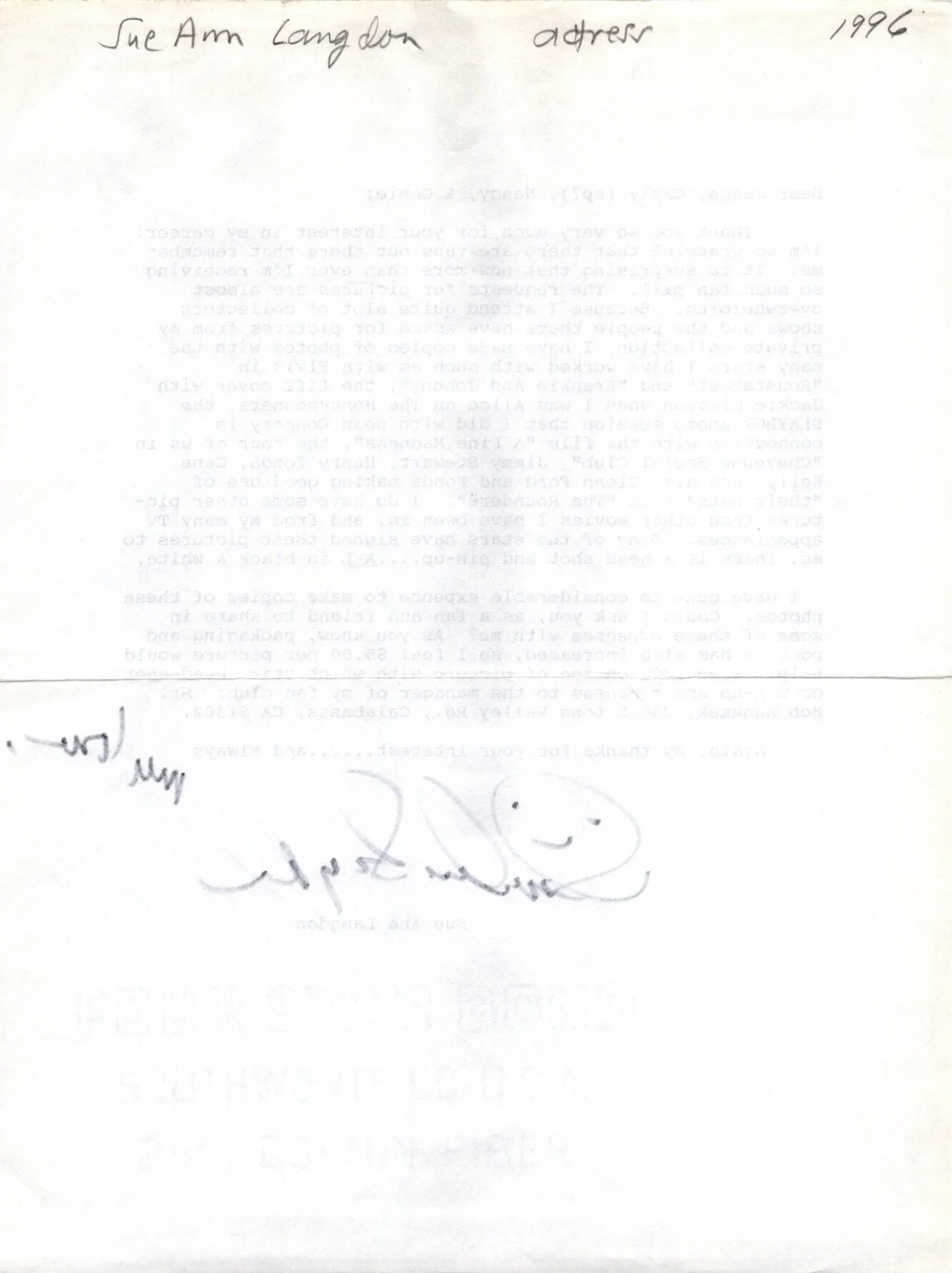 SUE ANE LANGDON "THE WILD WILD WEST" ACTRESS- HAND SIGNED AUTOGRAPHED LETTER, изображение 2