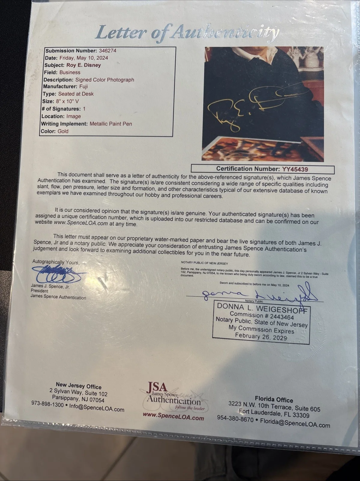 Roy, Disney — Roy Disney Signed Autographed 8” X 10” Photo JSA Full letter Authenticated, изображение 4