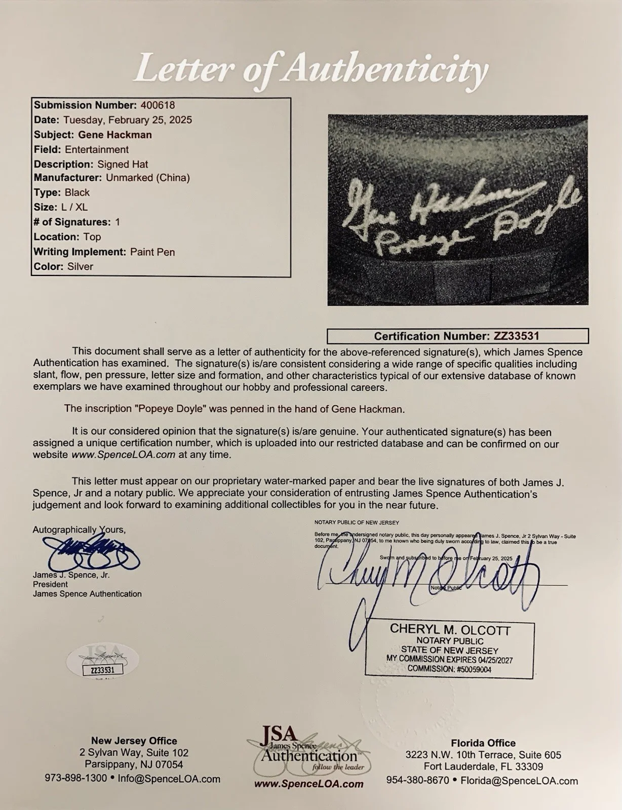Gene Hackman — Gene Hackman Signed/Inscribed "Popeye Doyle" French Connection Hat - JSA Letter, image 4