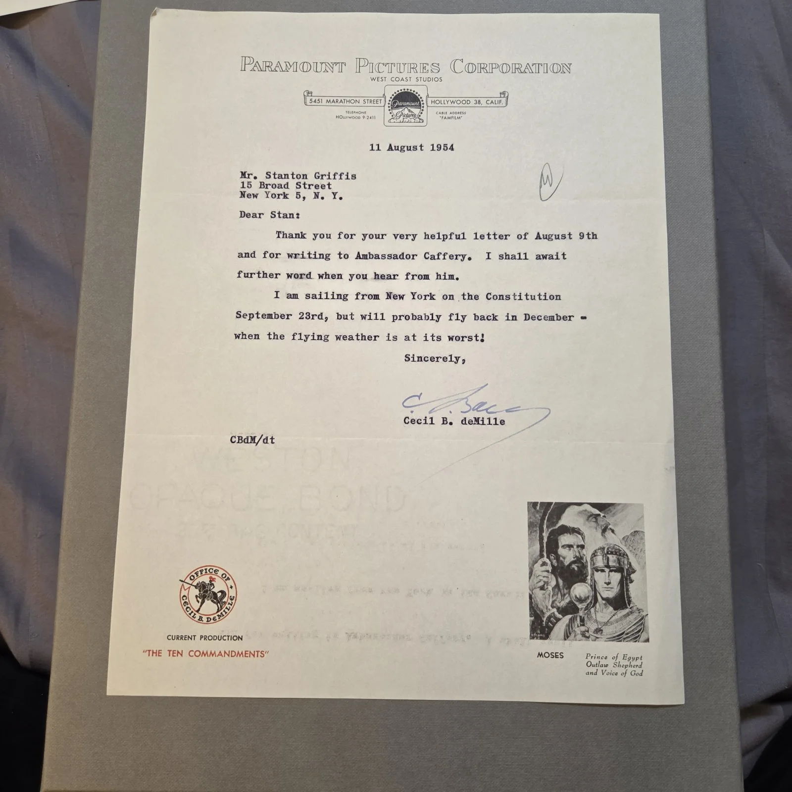 Cecil B. DeMille — Cecil B. DeMille Signed Paramount Pictures Letters 1954 The Ten Commandments, image 2