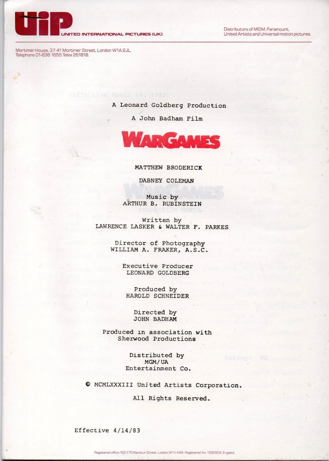 WAR GAMES 1983 Matthew Broderick, Ally Sheedy UK SYNOPSIS & PRODUCTION NOTES, изображение 2