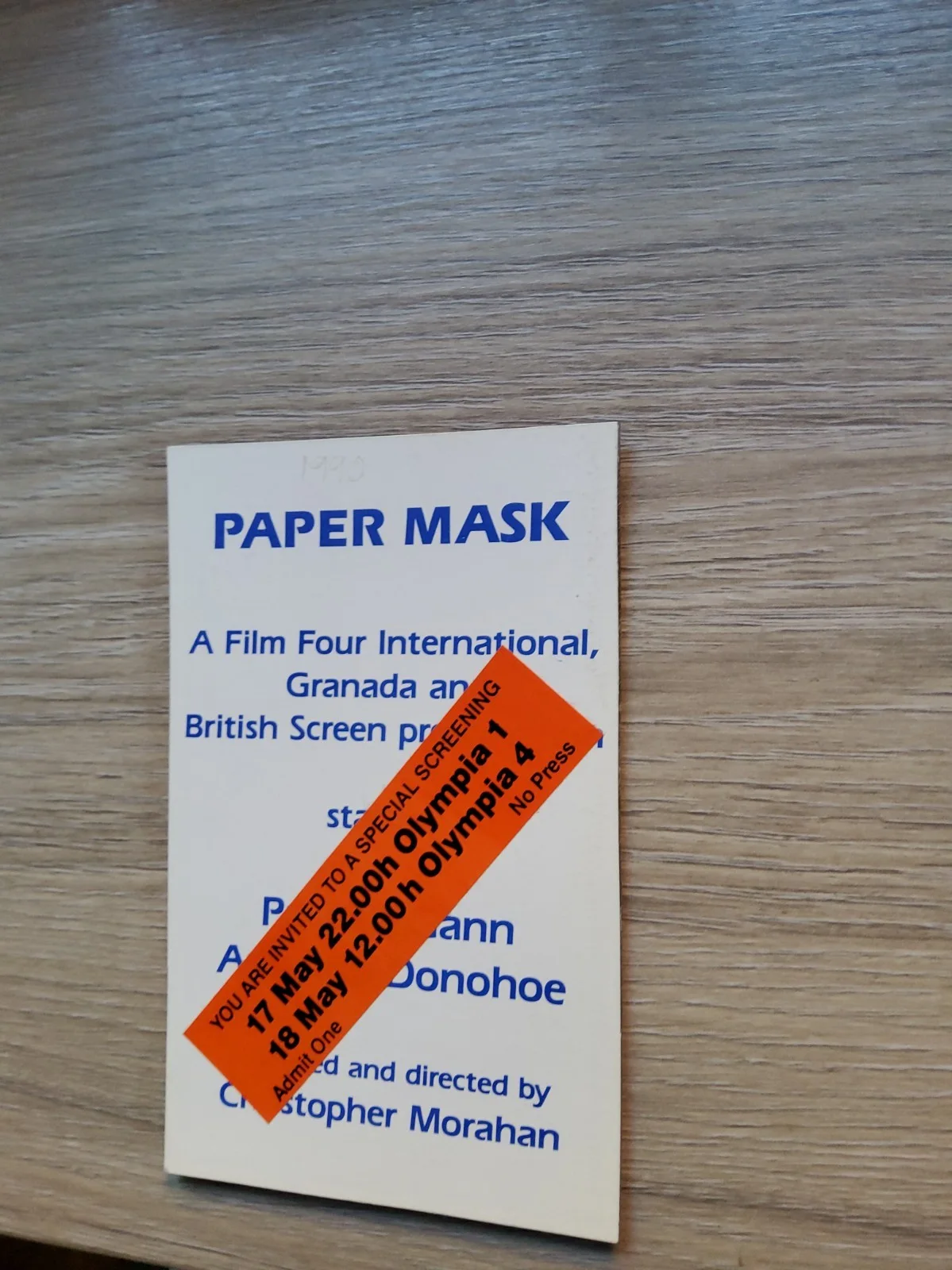 CINEMA 3D PROMOTIONAL 1990 TICKET,PAPER MASK,PAUL McGANN,AMANDA DONOHOE, изображение 3