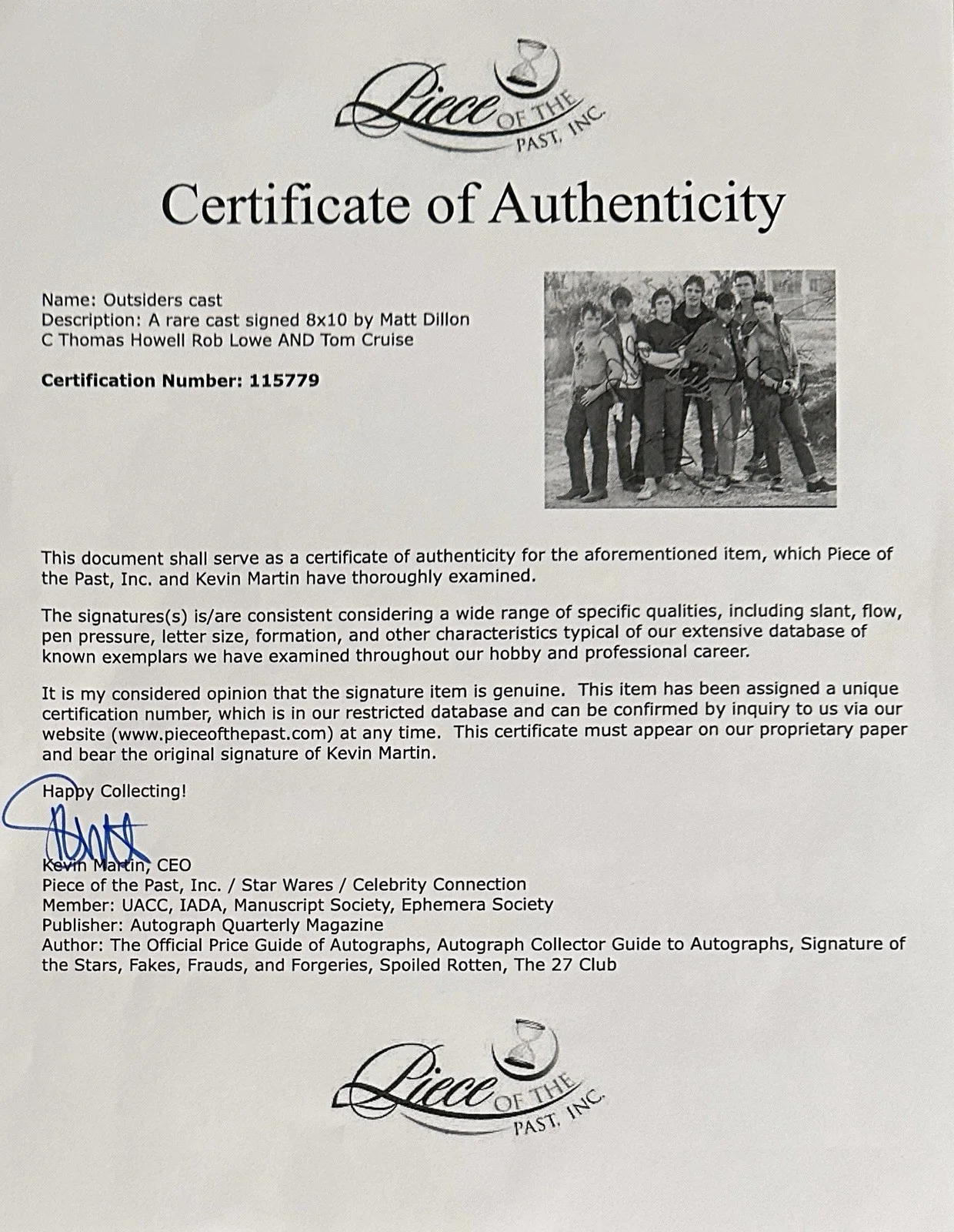 Cruise, Dillon, Howell, Lowe — THE OUTSIDERS 8x10 CAST Photo Signed By 4: CRUISE, DILLON, LOWE, HOWELL…COA, изображение 2