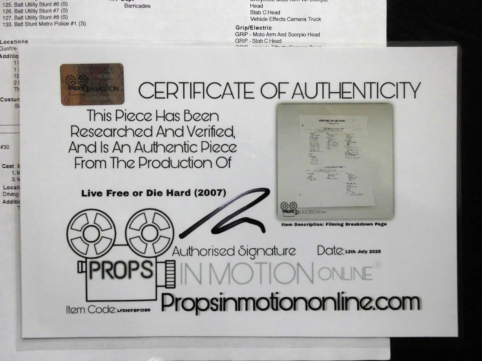 Original Movie Shooting List From 'Live Free or Die Hard' (2007) Bruce Willis, изображение 2