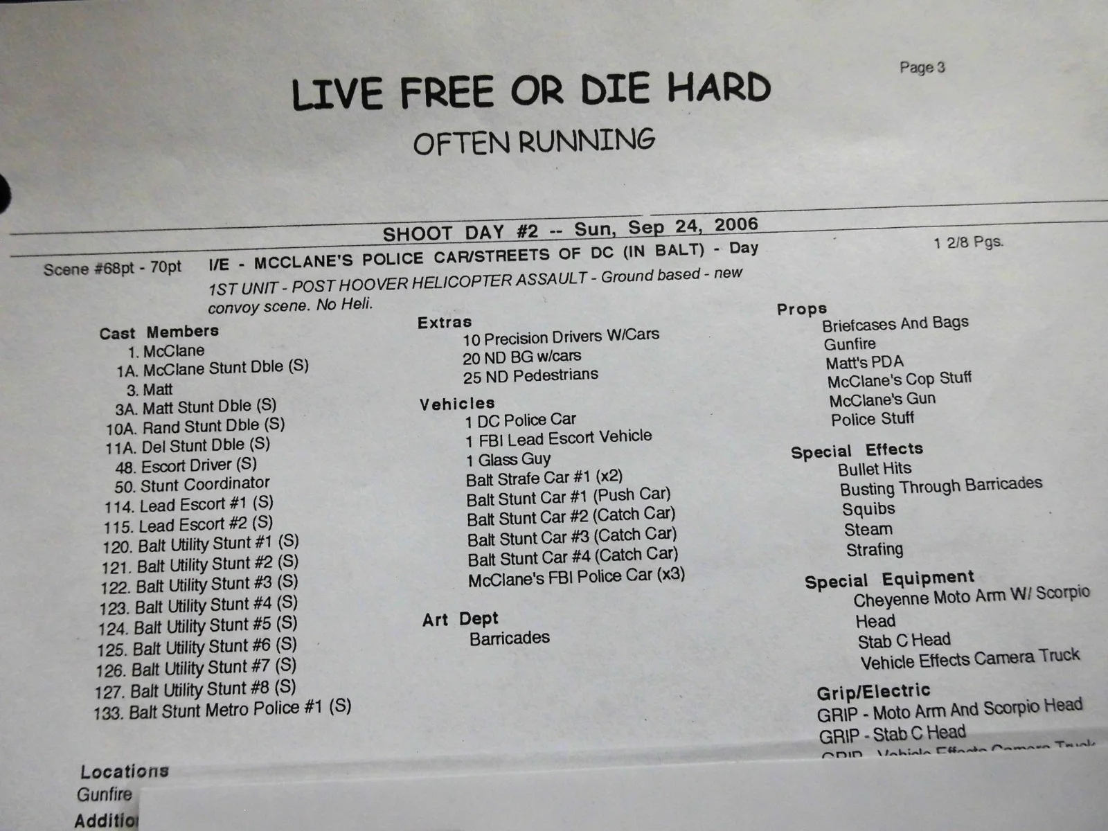 Original Movie Shooting List From 'Live Free or Die Hard' (2007) Bruce Willis, изображение 4