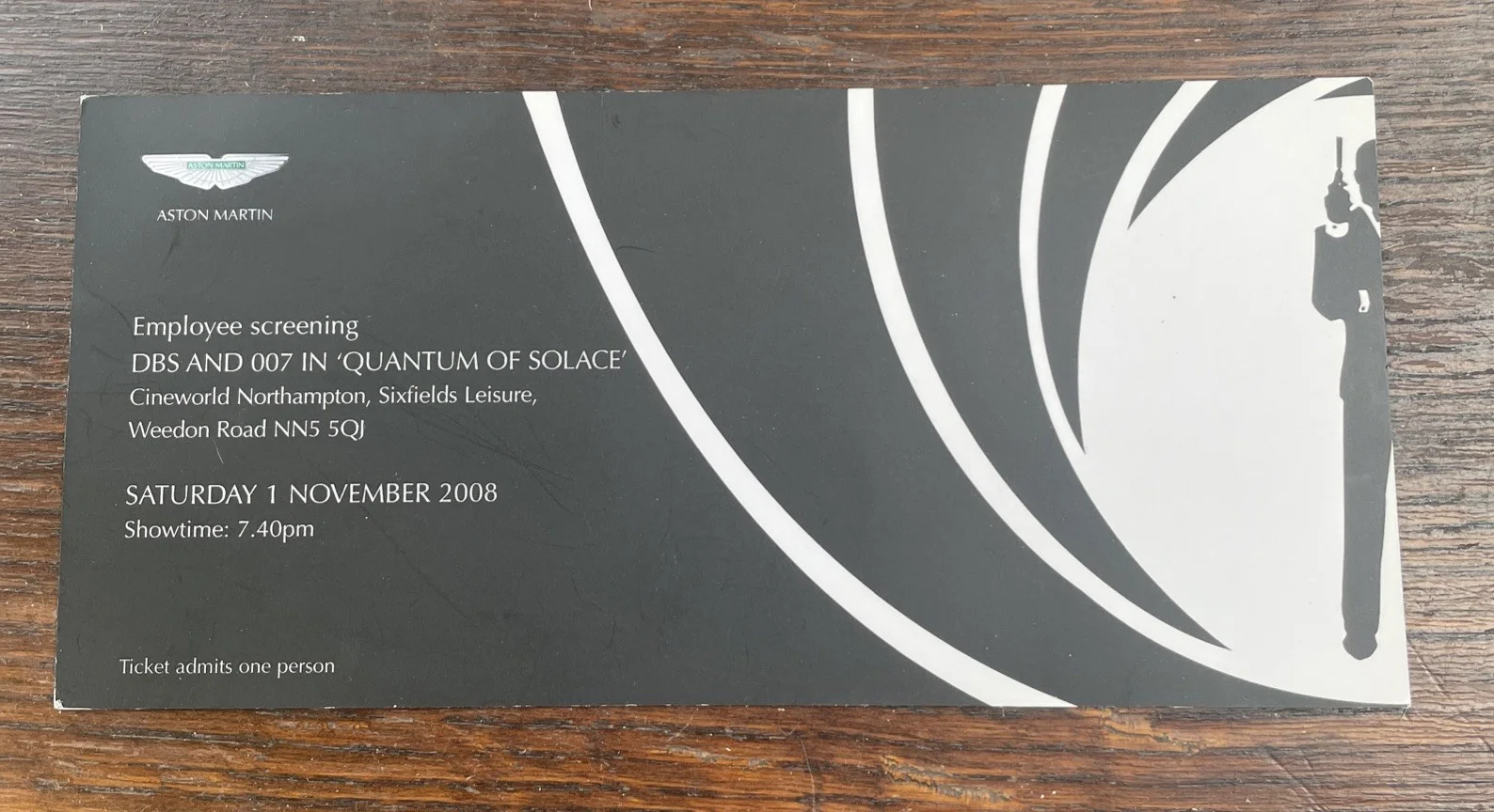 Aston Martin Quantum Of Solace 007 DBS Employee Film Ticket 2008, image 2