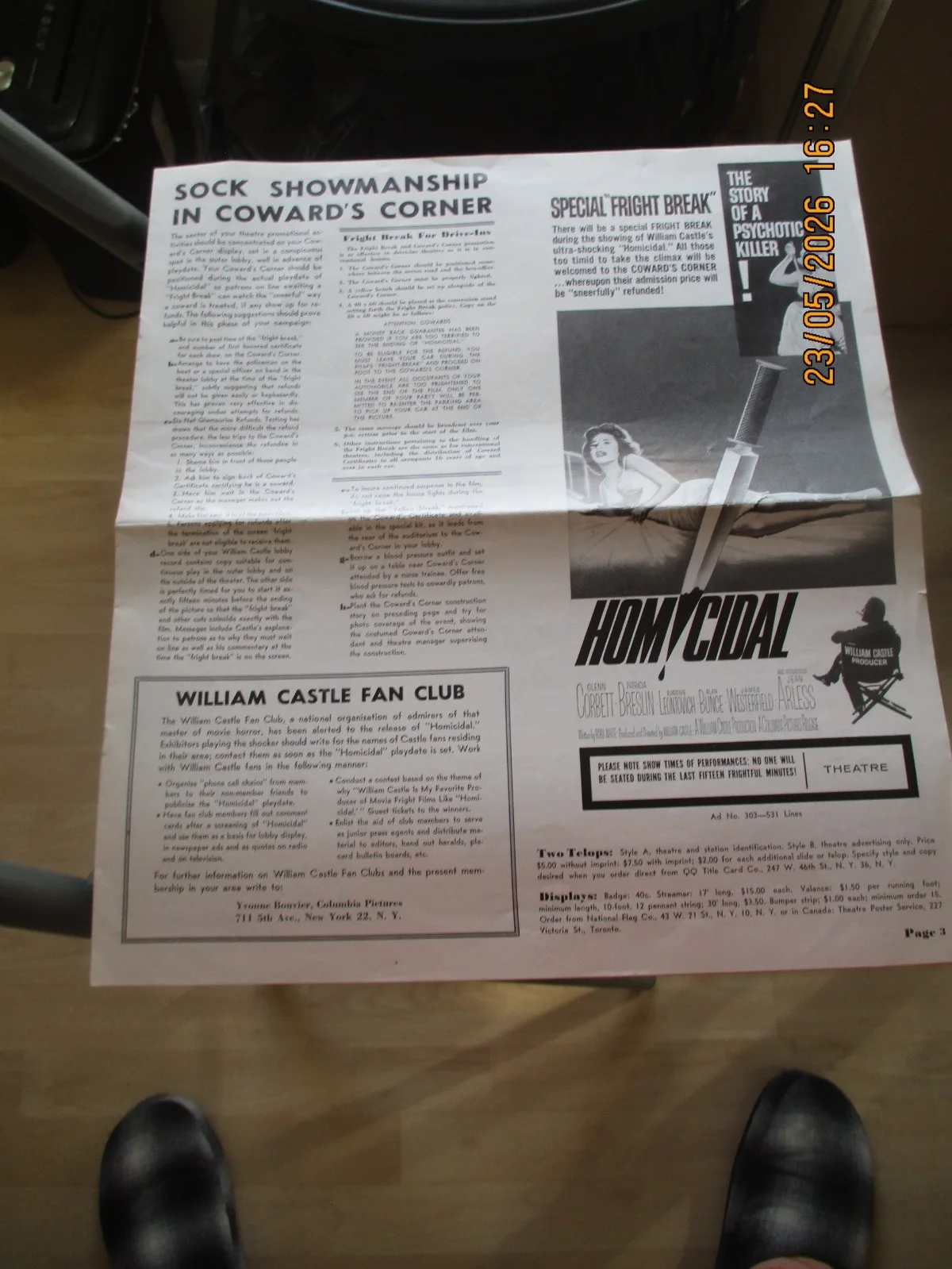 Homicidal WIlliam Castle Film - Lobby card/poster and press pack, image 2