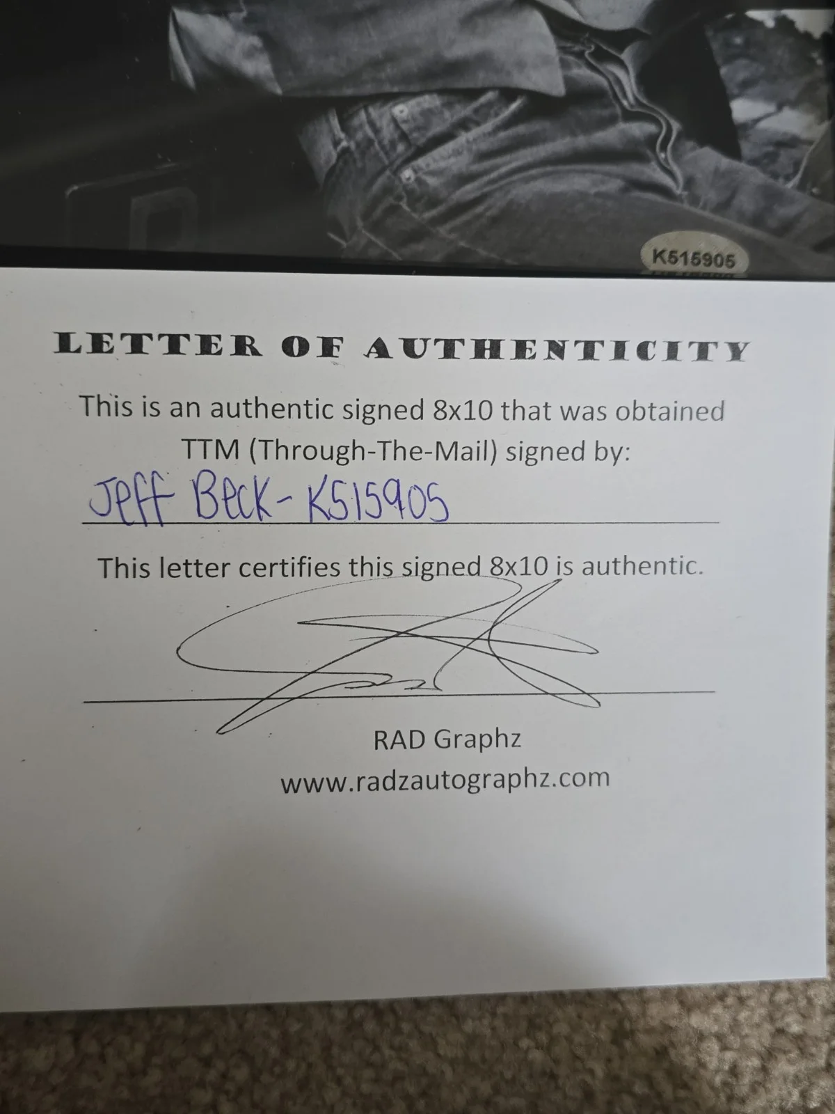 JEFF BECK Autographed 8x10 Signed Photo Rock Guitarist Letter Of Authenticity, изображение 3