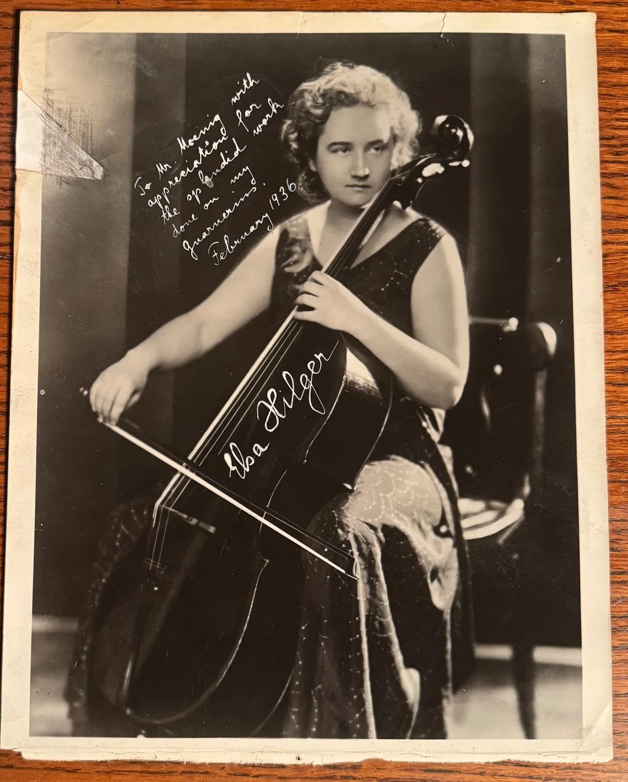 ELSA HILGER cellist autographed photo to MOENNIG 1936 Ex-Tarisio Guarnerius, image 2