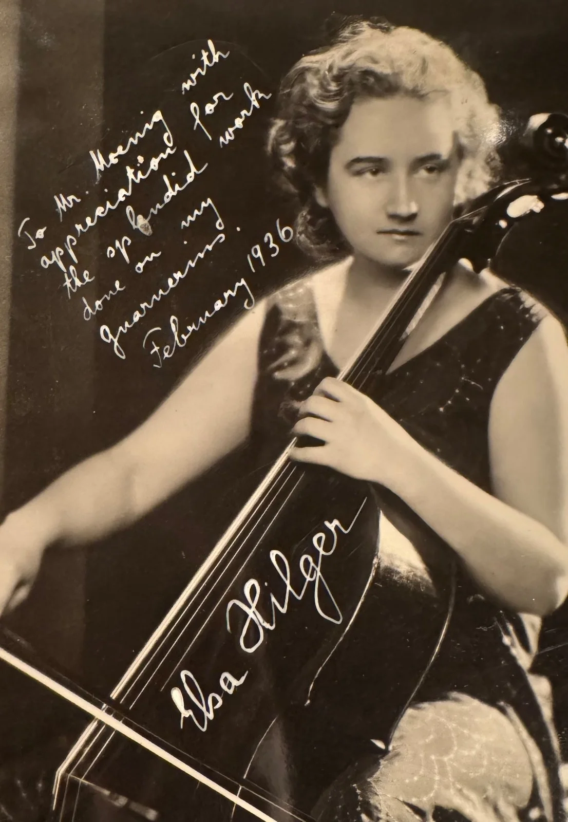 ELSA HILGER cellist autographed photo to MOENNIG 1936 Ex-Tarisio Guarnerius, image 3
