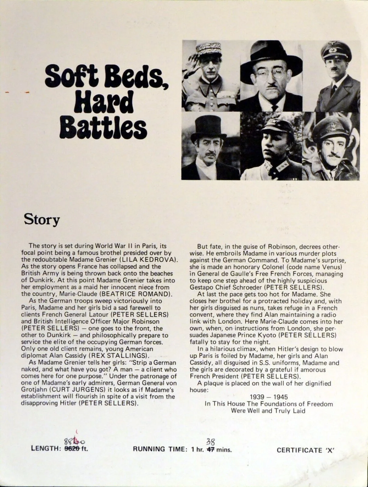 SOFT BEDS - HARD BATTLES 1974 Peter Sellers Lila Kedrova Curd Jürgens FACT SHEET, изображение 2
