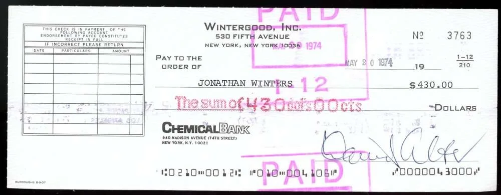 Jonathan Winters — Jonathan Winters PSA DNA Coa Signed 1974 Personal Check Autograph, image 2