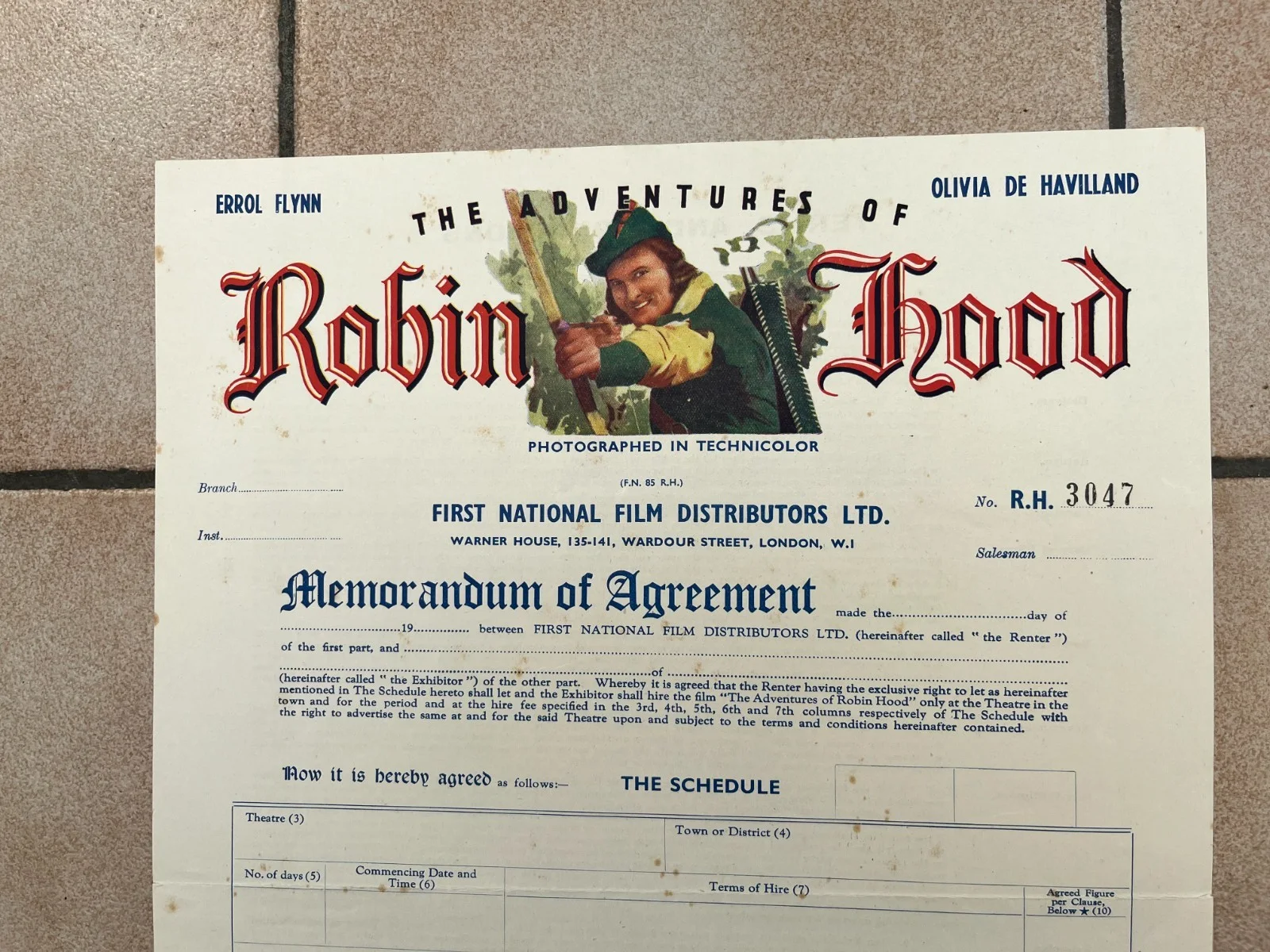 FIRST NATIONAL FILM DISTRIBUTORS Agreement 'Robin Hood' Errol Flynn 1938, изображение 2