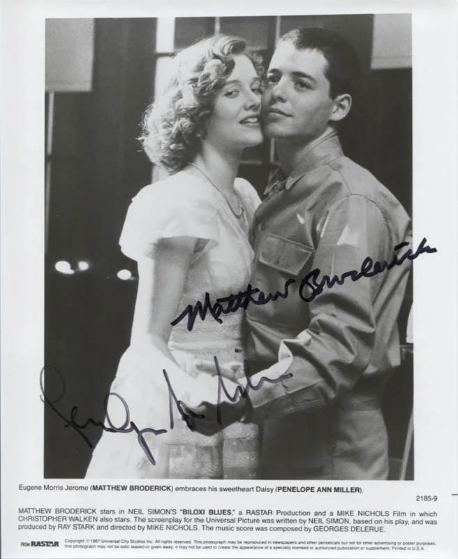Penelope Ann Miller, Matthew Broderick — BILOXI BLUES MOVIE CAST - PRINTED PHOTOGRAPH SIGNED IN INK WITH CO-SIGNERS