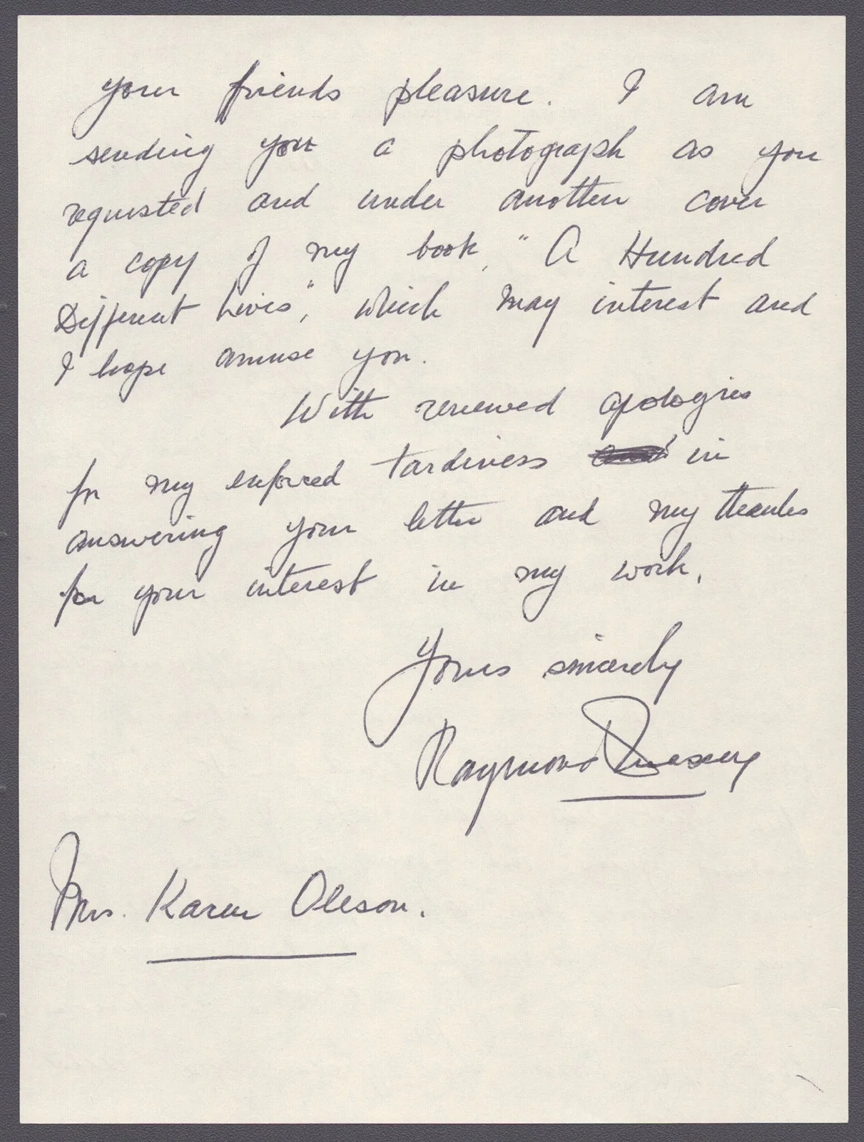 Raymond Massey — RAYMOND MASSEY - AUTOGRAPH LETTER SIGNED 03/19/1981, image 2