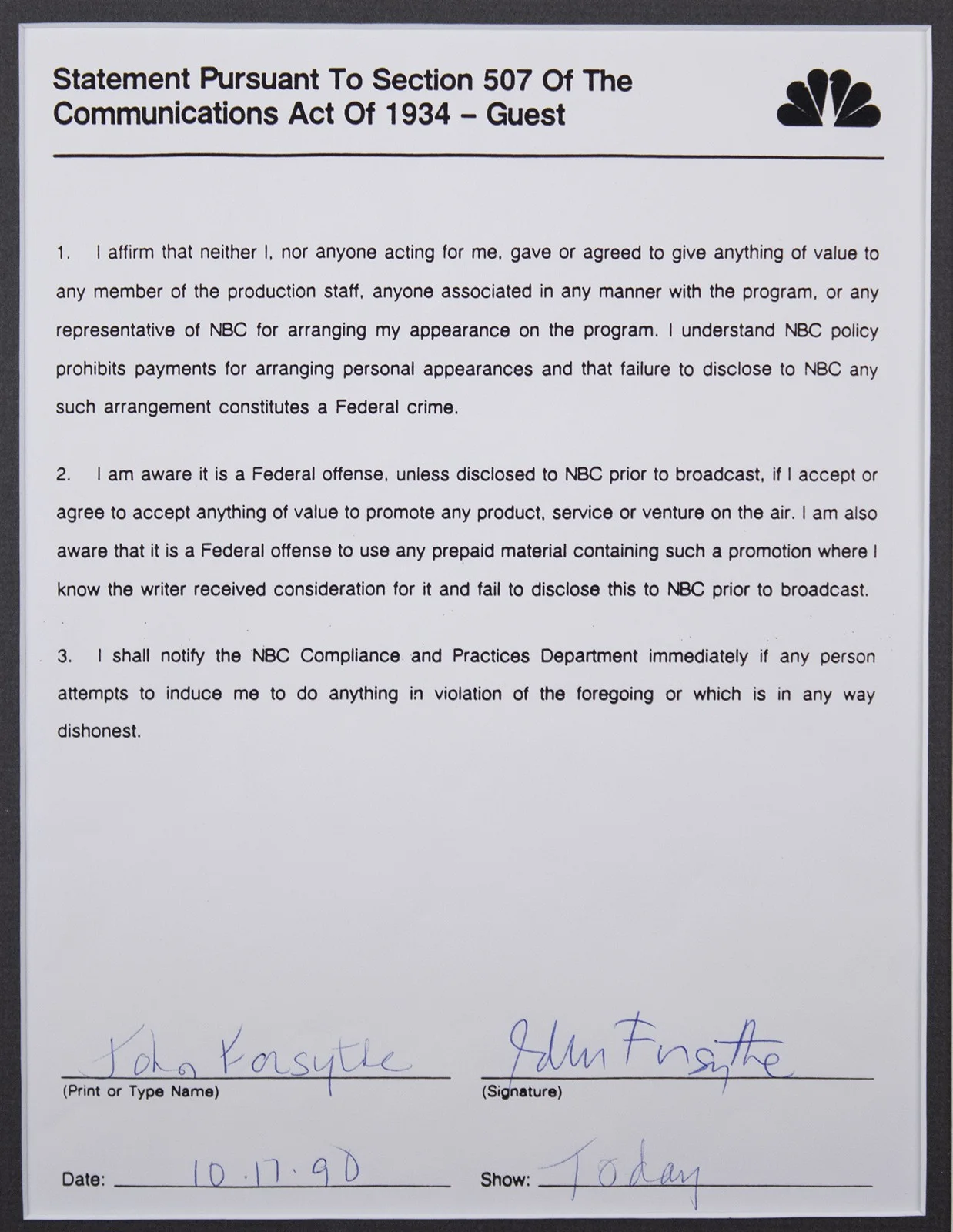 John Forsythe — JOHN FORSYTHE - DOCUMENT SIGNED 10/17/1990, image 2